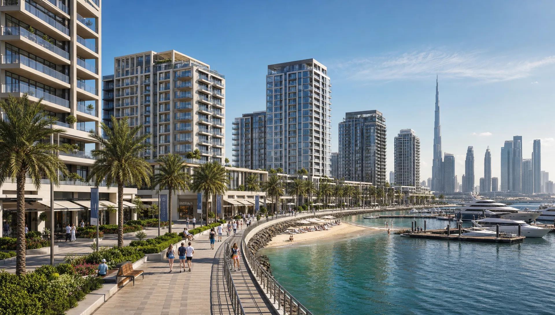 A waterfront community in Dubai with modern residential towers, landscaped promenades, marina water, beach access, and a central leisure walkway along the shoreline.