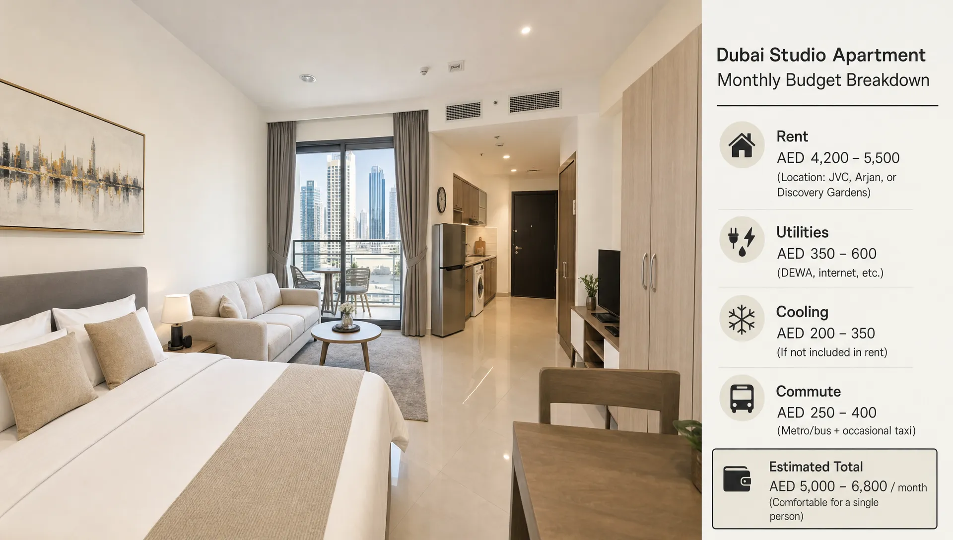 A bright compact Dubai studio with a bed, sofa, kitchenette, wardrobe, balcony door, and budget notes for rent, utilities, cooling, and commute.