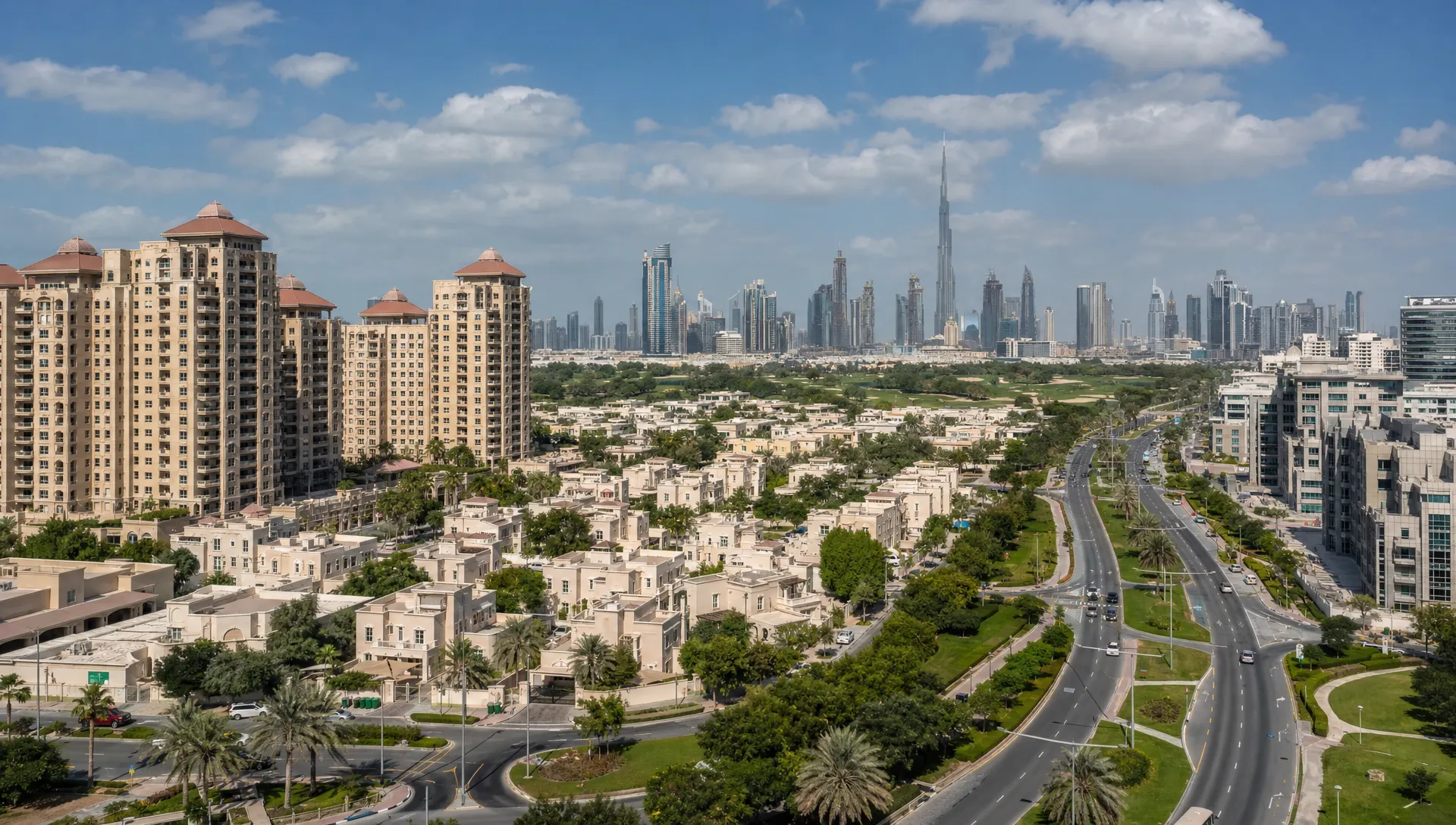 A broad Dubai neighborhood view showing apartment towers, villa streets, landscaped roads, and a distant skyline in the same frame.