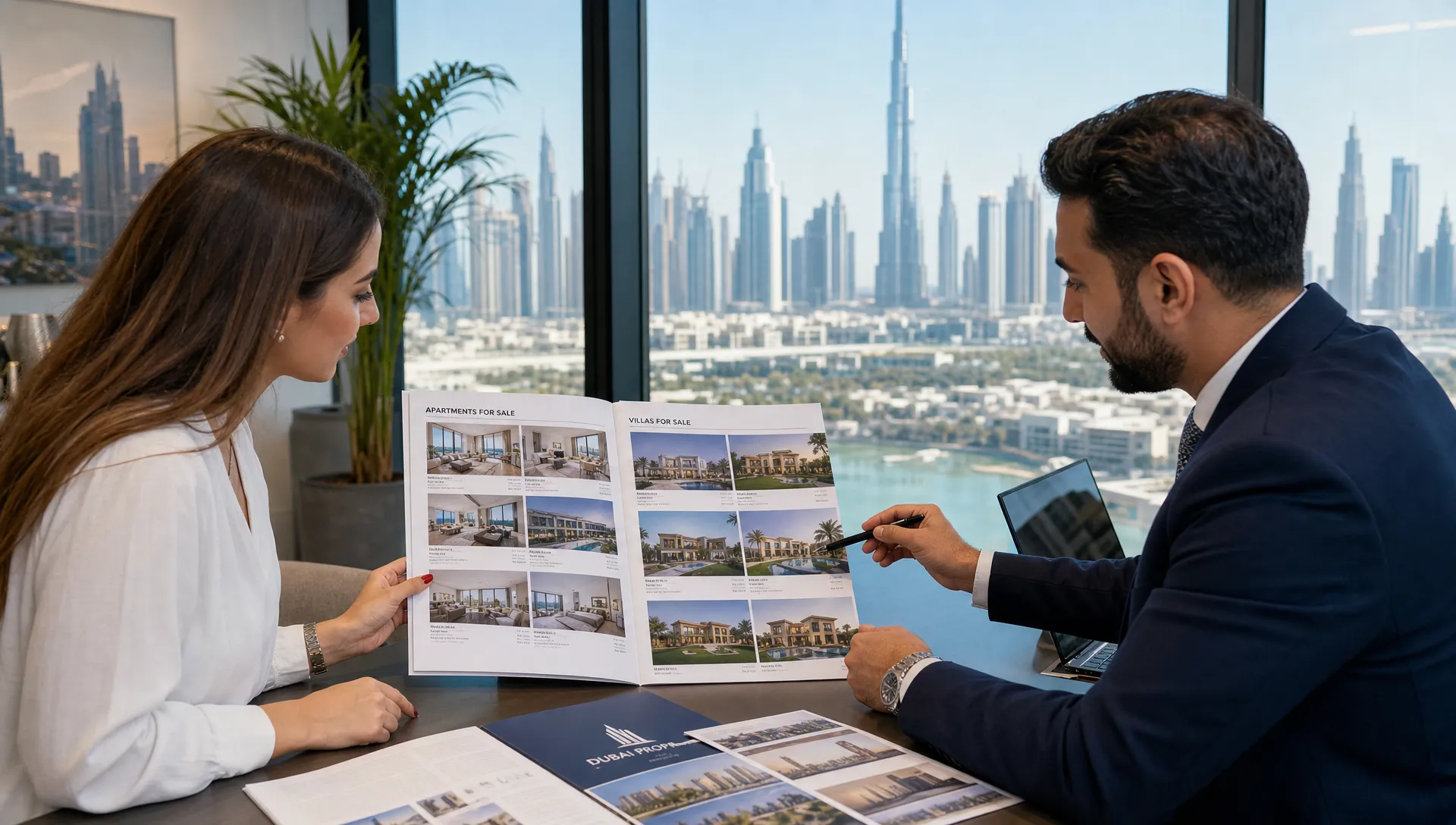 A buyer and agent review printed apartment and villa listings beside a window with Dubai towers in view.