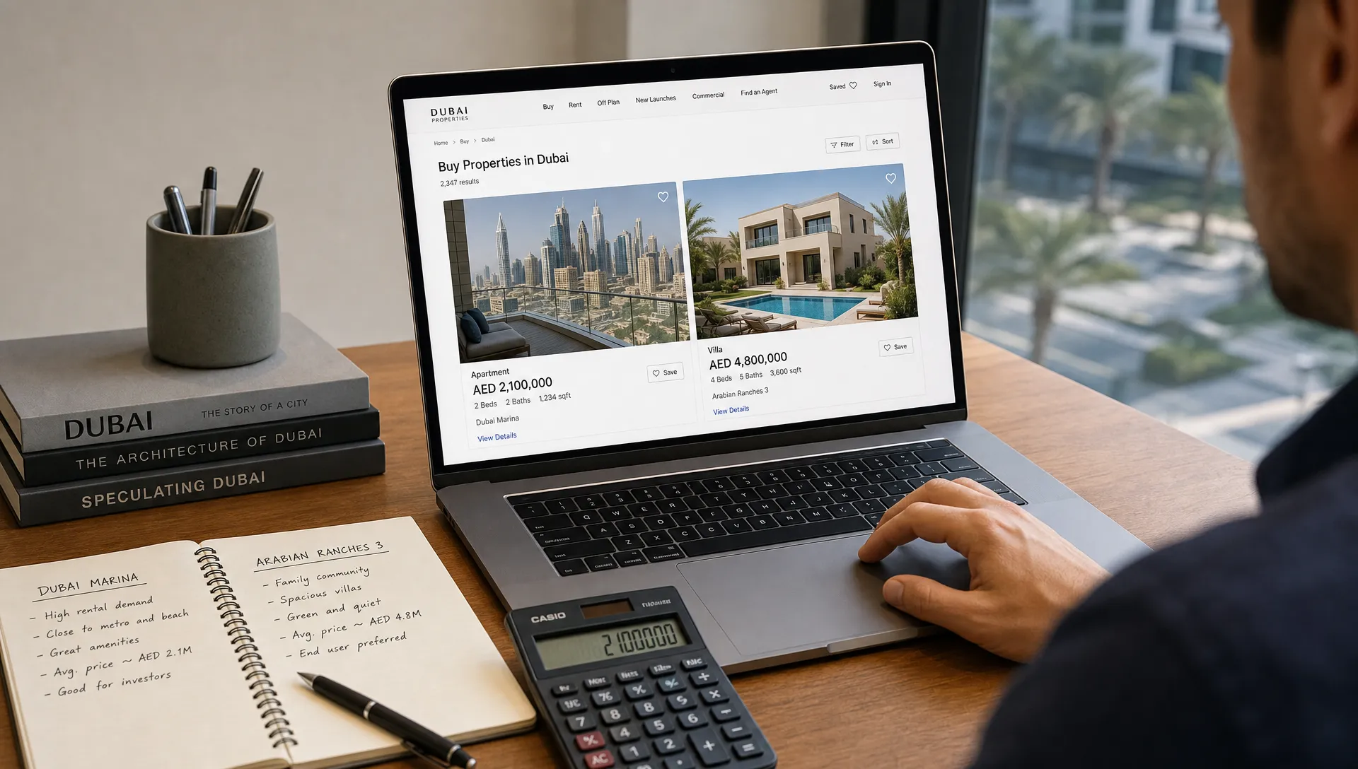 A buyer compares Dubai apartment and villa listings on a laptop with neighborhood notes and a calculator beside it.