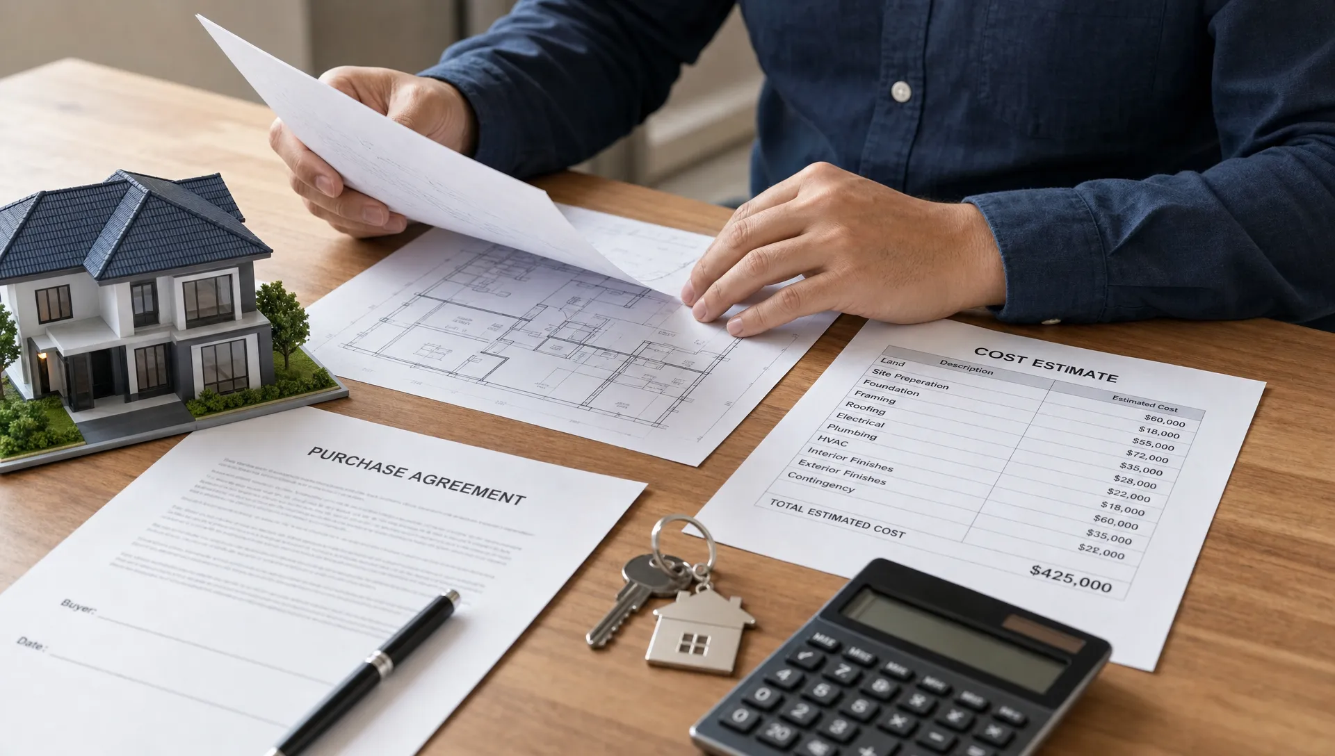 A buyer reviews property documents, floor plans, cost estimates, a building model, and house keys on a table.