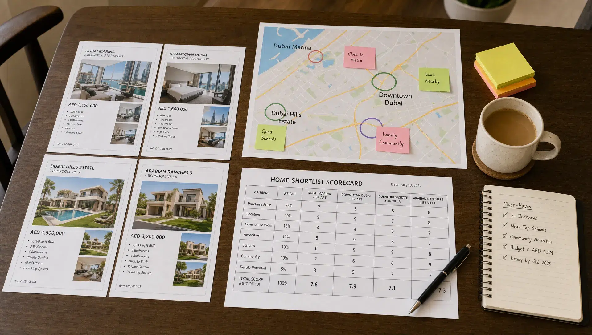 A dining table with printed UAE property listings, a neighborhood map, sticky notes, and a simple home shortlist scorecard used to compare apartments and villas.