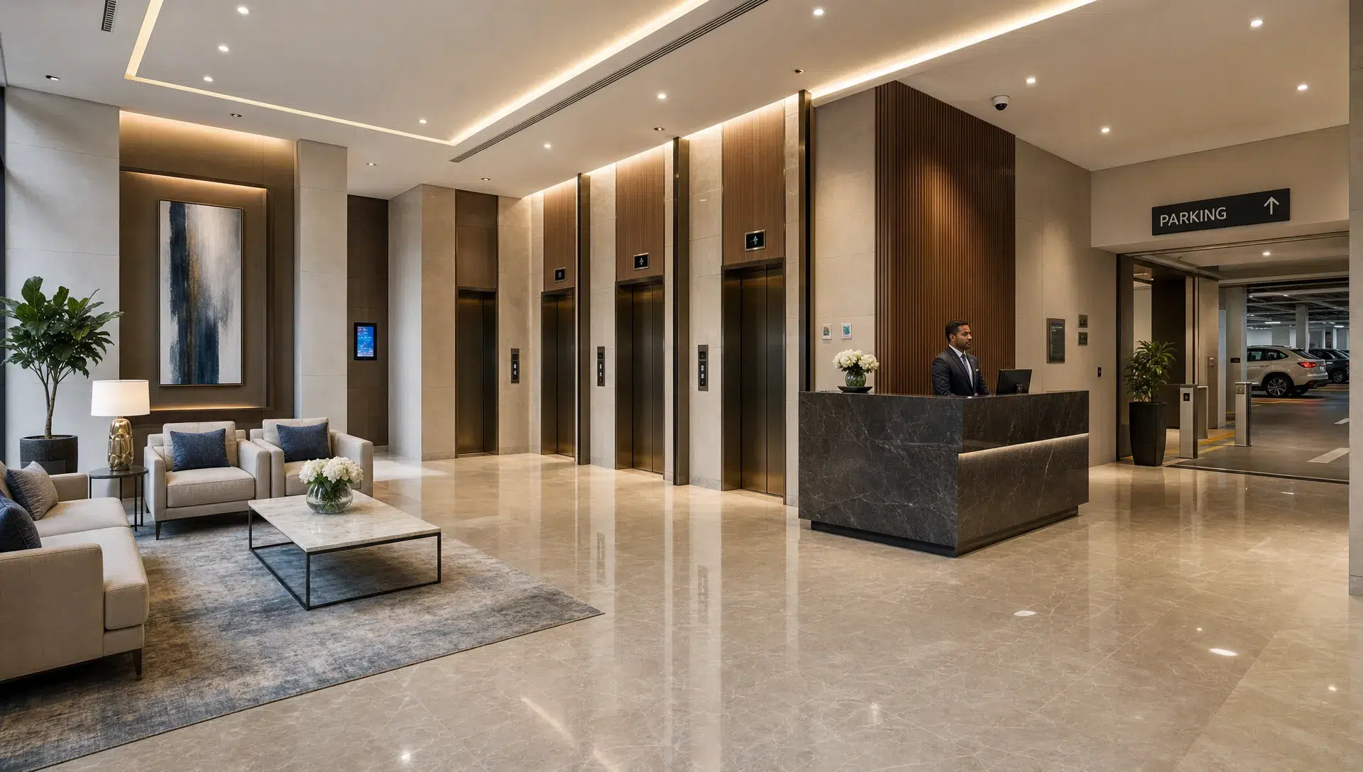 A Dubai apartment tower lobby shows elevators, seating, a security desk, and access to parking.