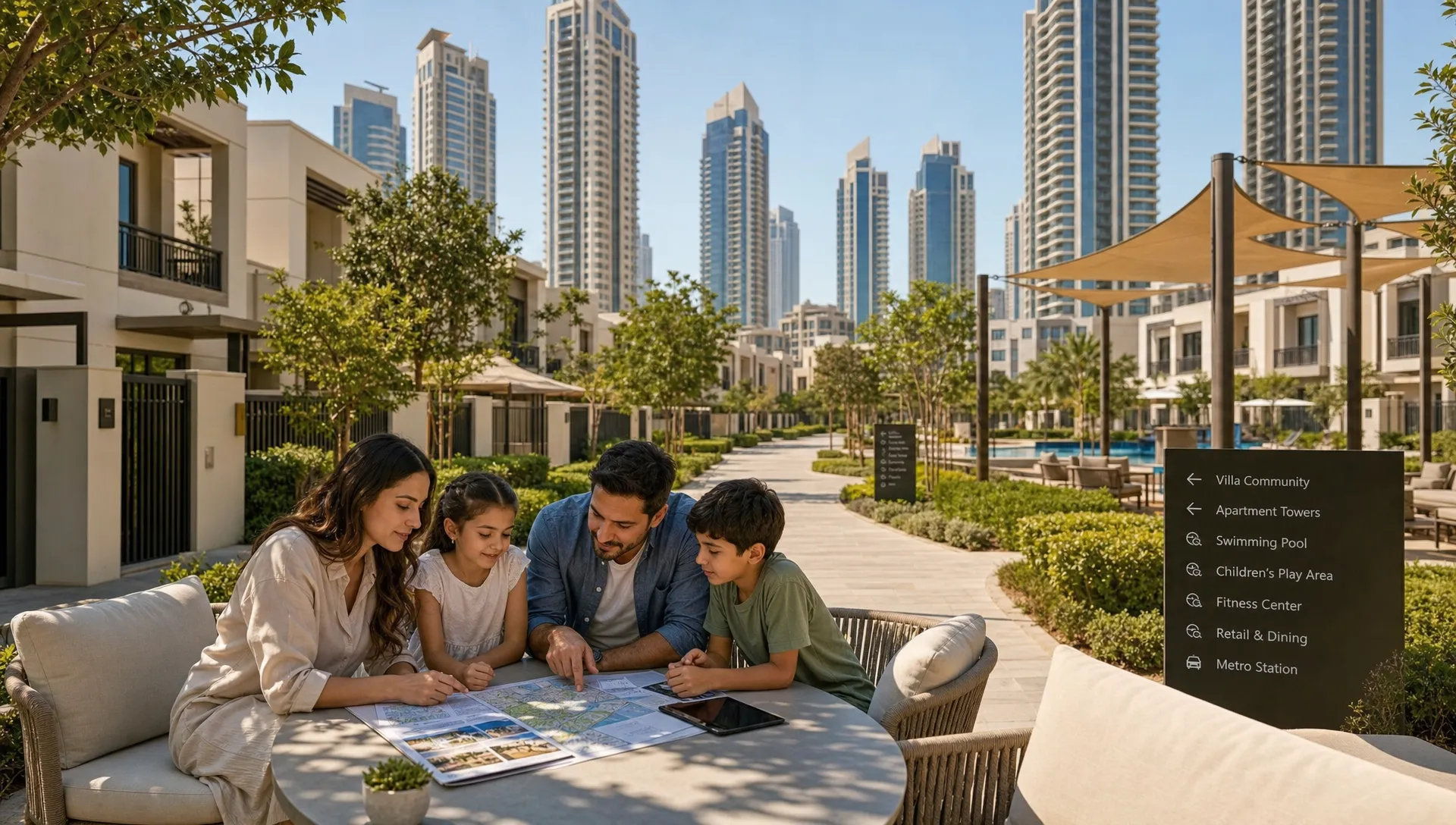A Dubai residential community with apartment towers, villas, landscaped walkways, shaded seating areas, and nearby road access, showing how buyers compare lifestyle, commute, and property types before purchasing.