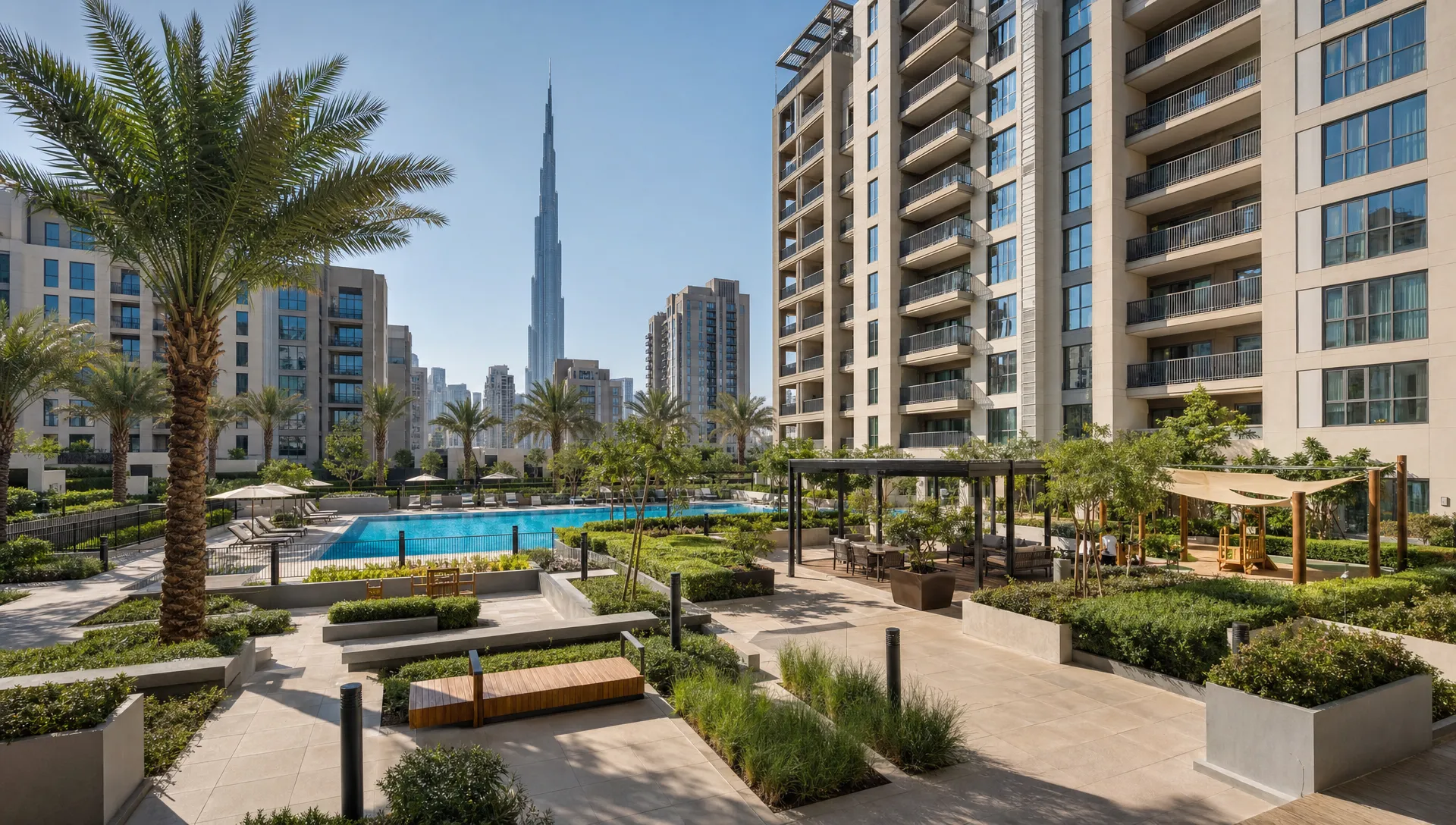 A Dubai residential district with apartment towers, landscaped walkways, palm trees, and shared amenities like a pool and seating area.