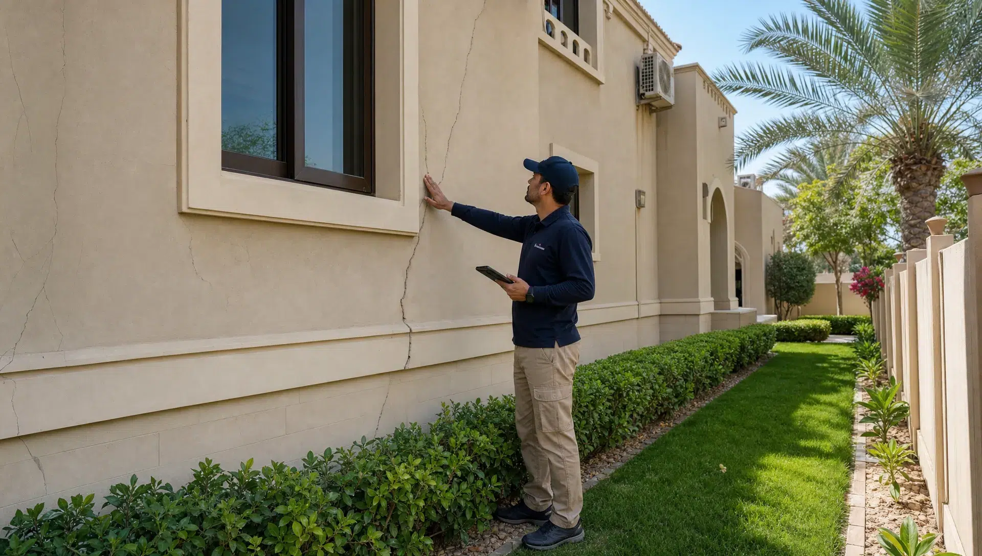 A Dubai villa exterior with garden edging, windows, AC units, and a boundary wall being checked for maintenance issues.