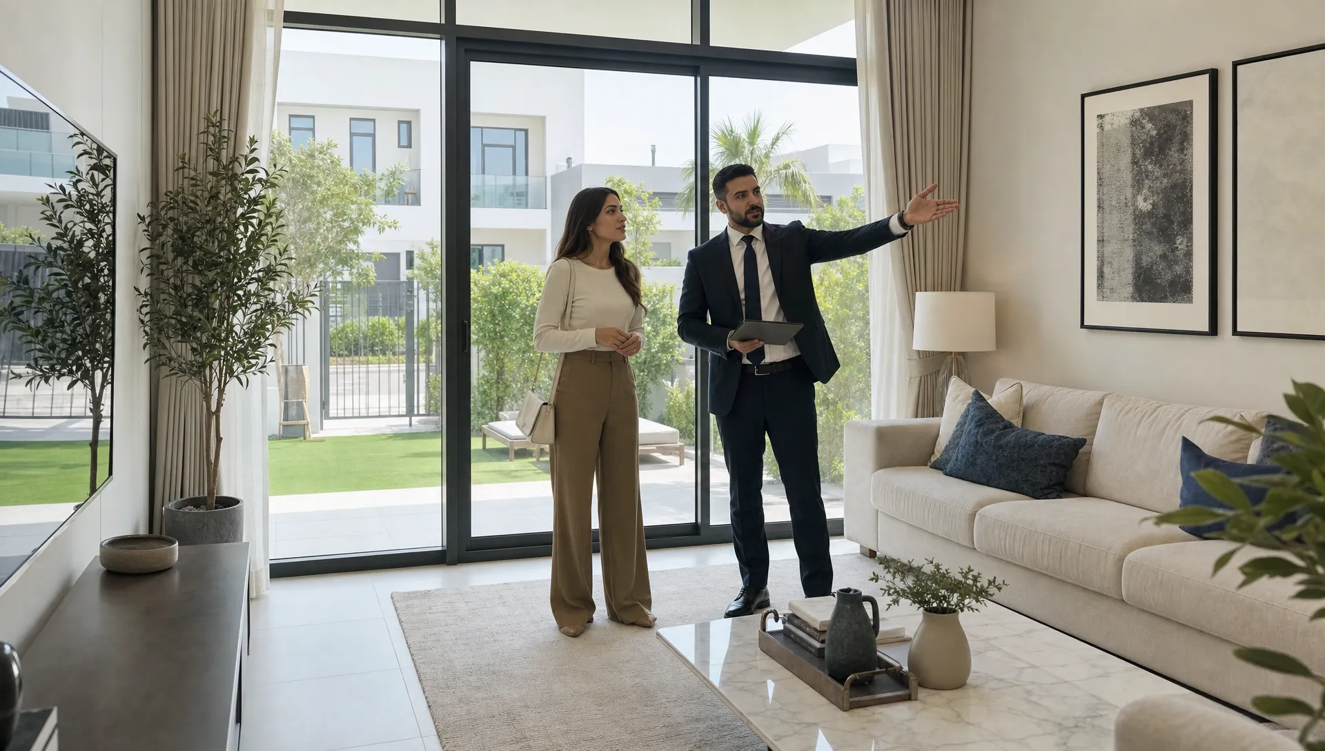 A first-time buyer and agent inspect a UAE townhouse living room with large windows and a garden outside.