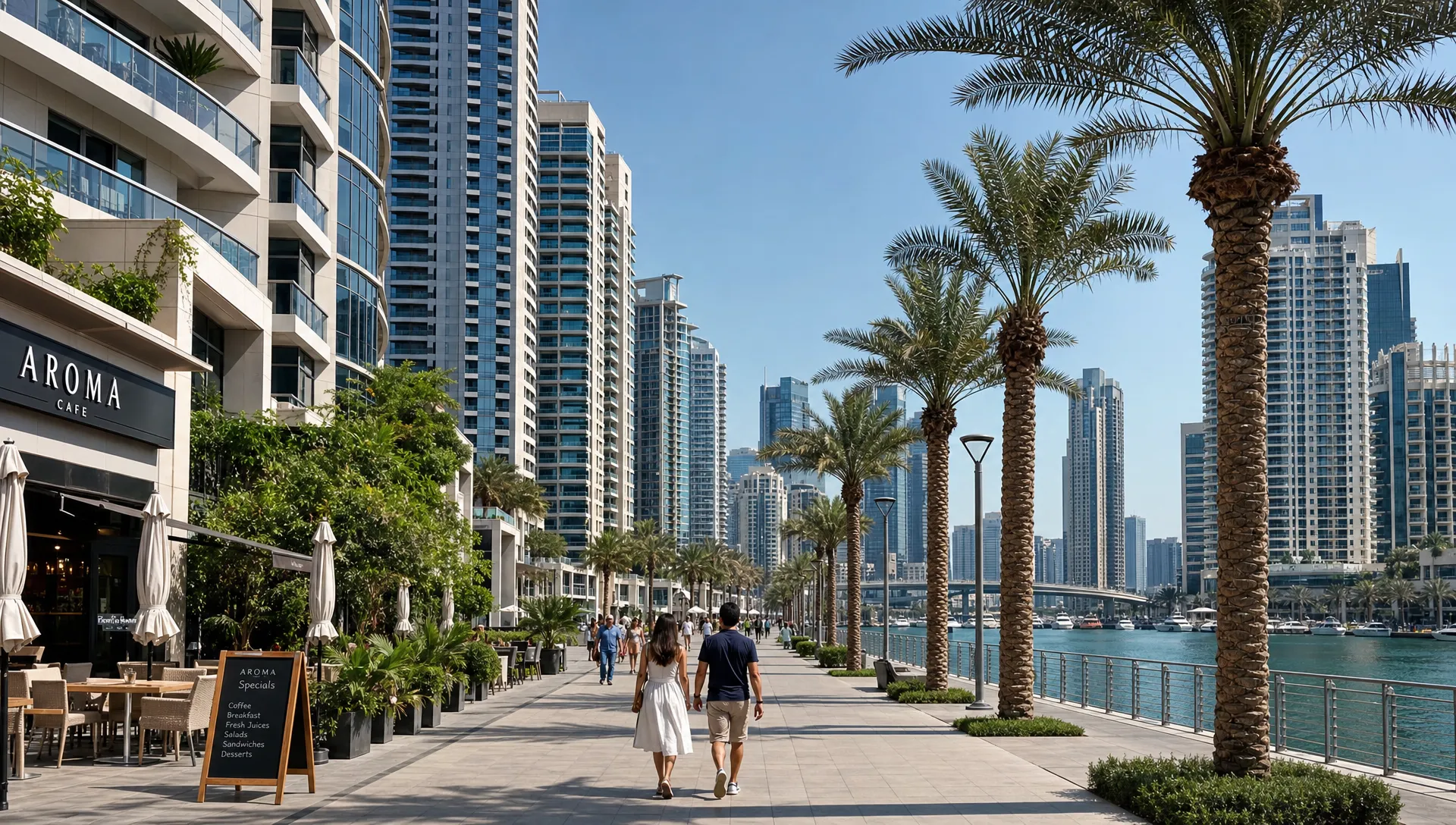 A modern Dubai apartment community with high-rise residential towers, landscaped walkways, waterfront views, and people walking near cafes and palm trees.