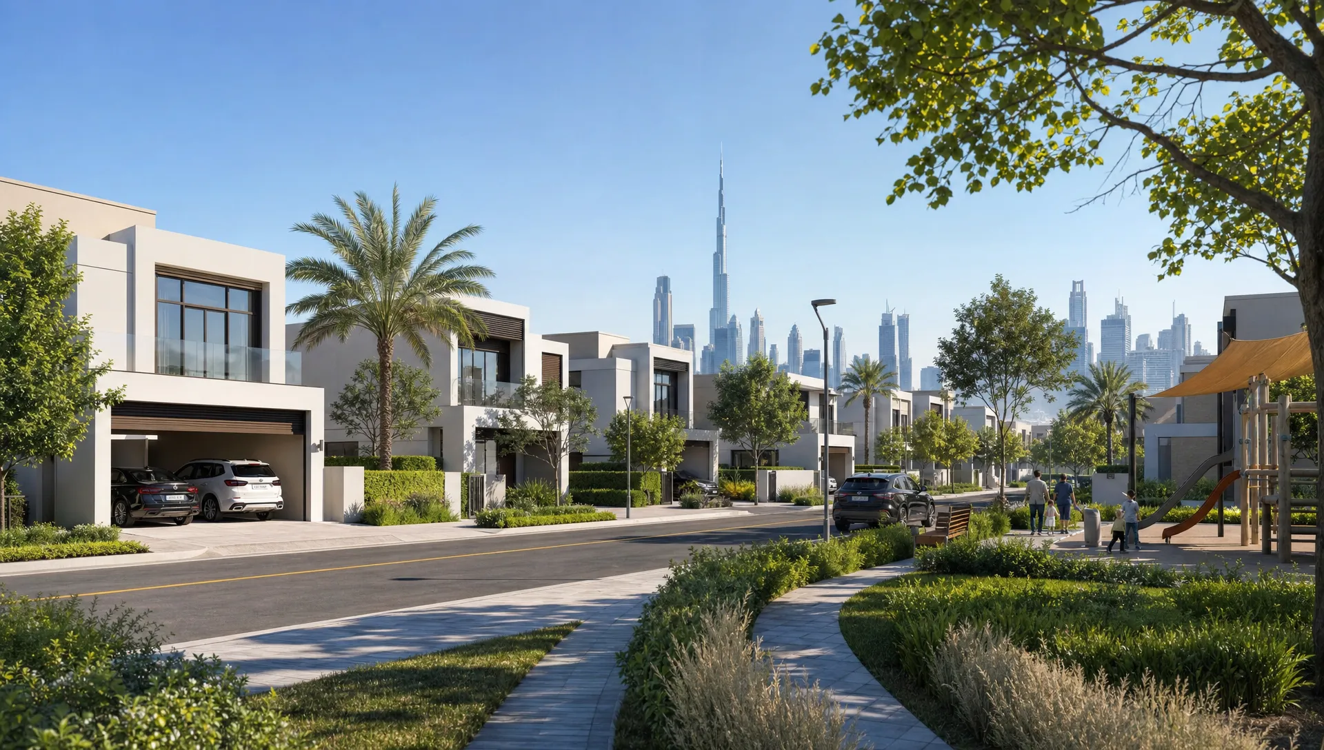 A modern Dubai villa community with landscaped streets, detached homes, parked cars, and a small park shows the lifestyle buyers compare before purchasing.