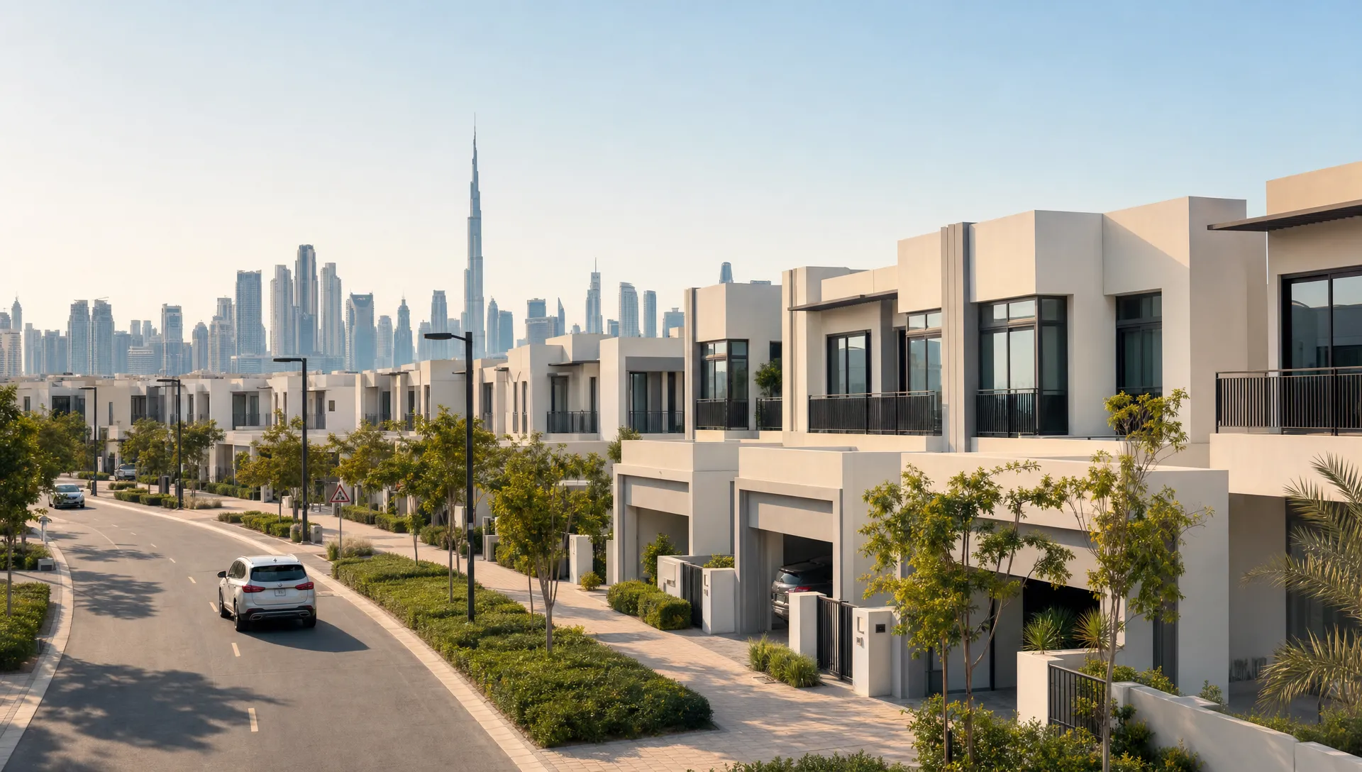 A modern UAE villa community with townhouses, landscaped streets, small front gardens, and a distant city skyline, representing house searches across Dubai and the wider UAE.