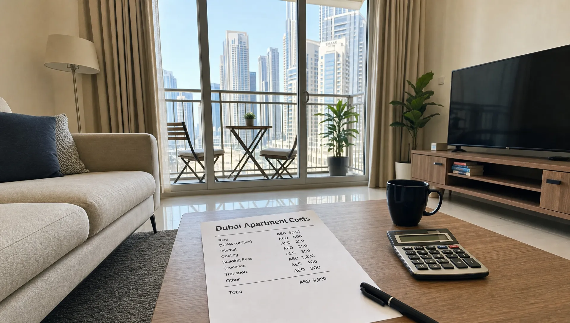 A modest Dubai apartment living room with simple furniture, balcony doors, city buildings outside and a cost checklist on the table.