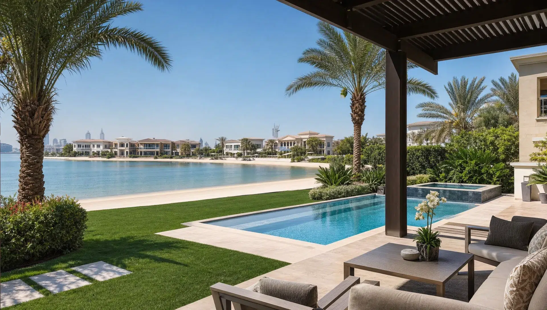 A Palm Jumeirah beachfront villa shows a private garden, pool, shaded terrace, calm water beyond, and neighboring villas at a comfortable distance.
