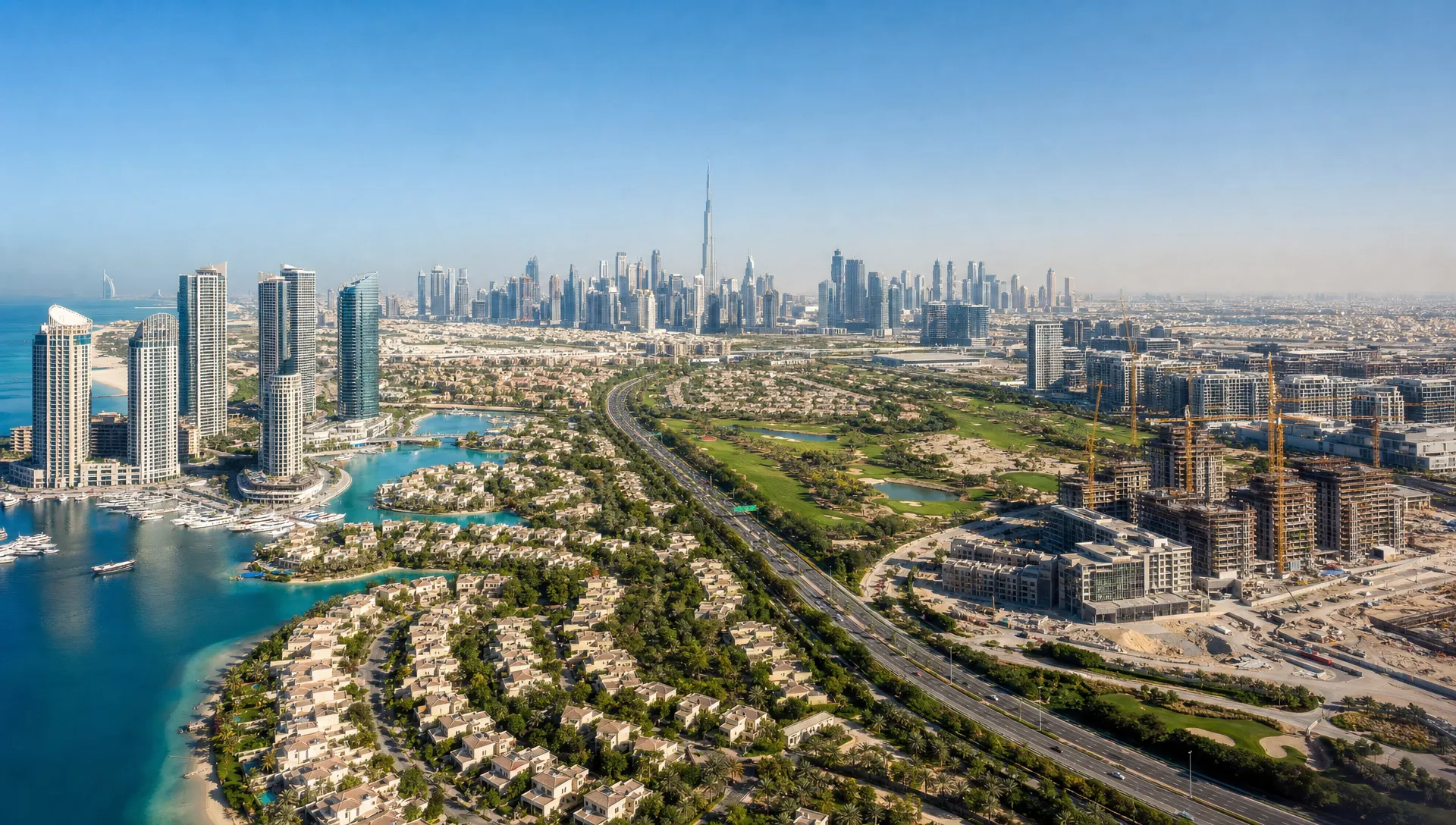 A panoramic aerial view of Dubai showing waterfront towers, suburban villa communities, new construction zones, roads, and green spaces, representing different real estate growth corridors across the city.