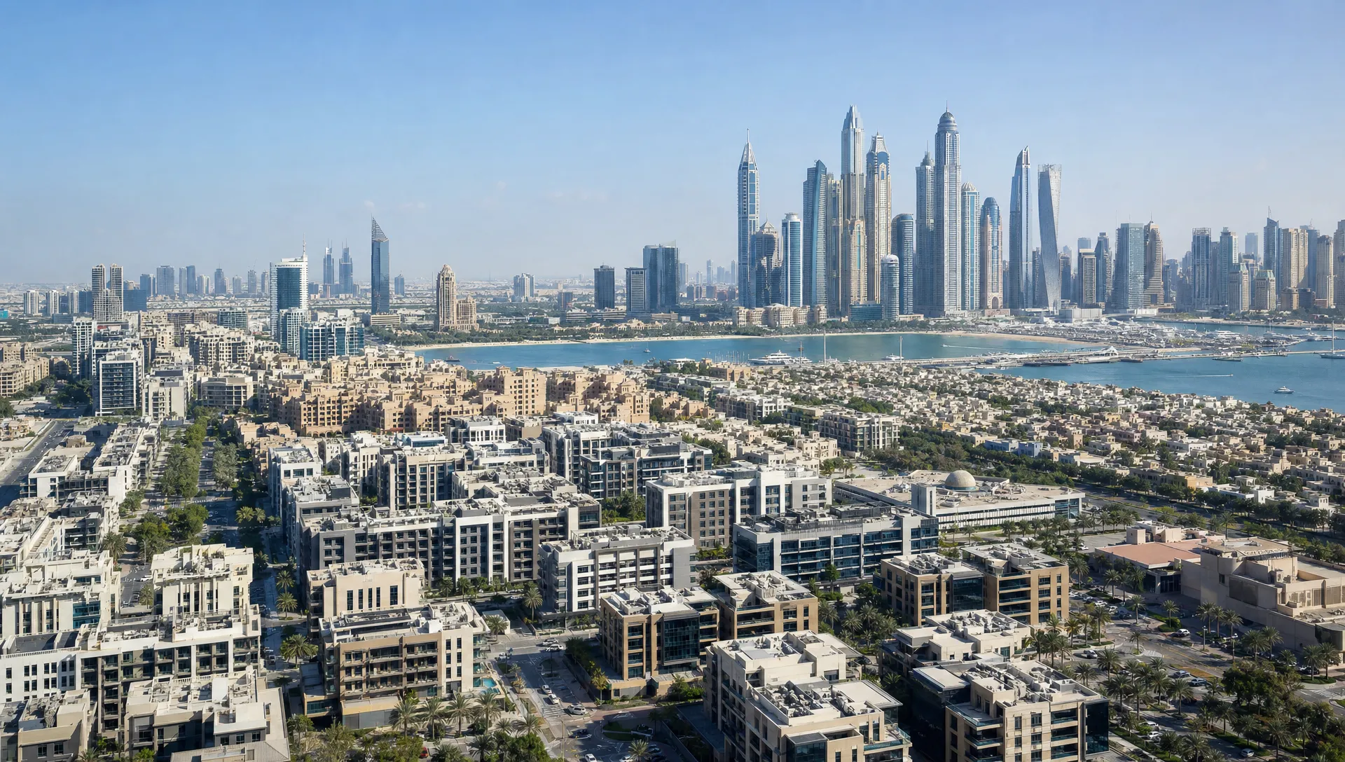 A panoramic view of Dubai with apartment towers across different neighborhoods, showing compact mid-rise buildings in the foreground and premium high-rises near the water in the distance.