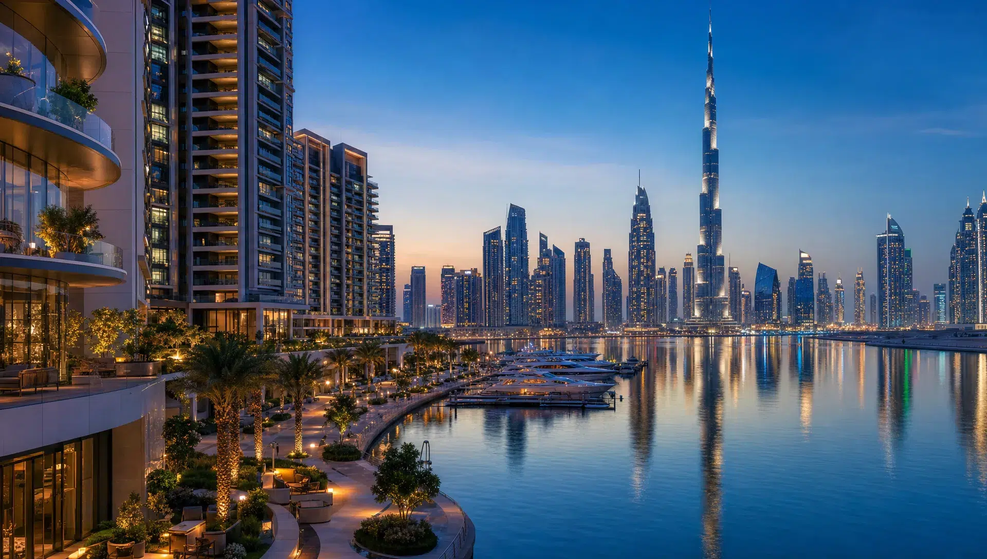 A panoramic view of modern luxury apartment towers in Dubai with waterfront promenades, landscaped terraces, balconies, and the city skyline reflected on calm water.