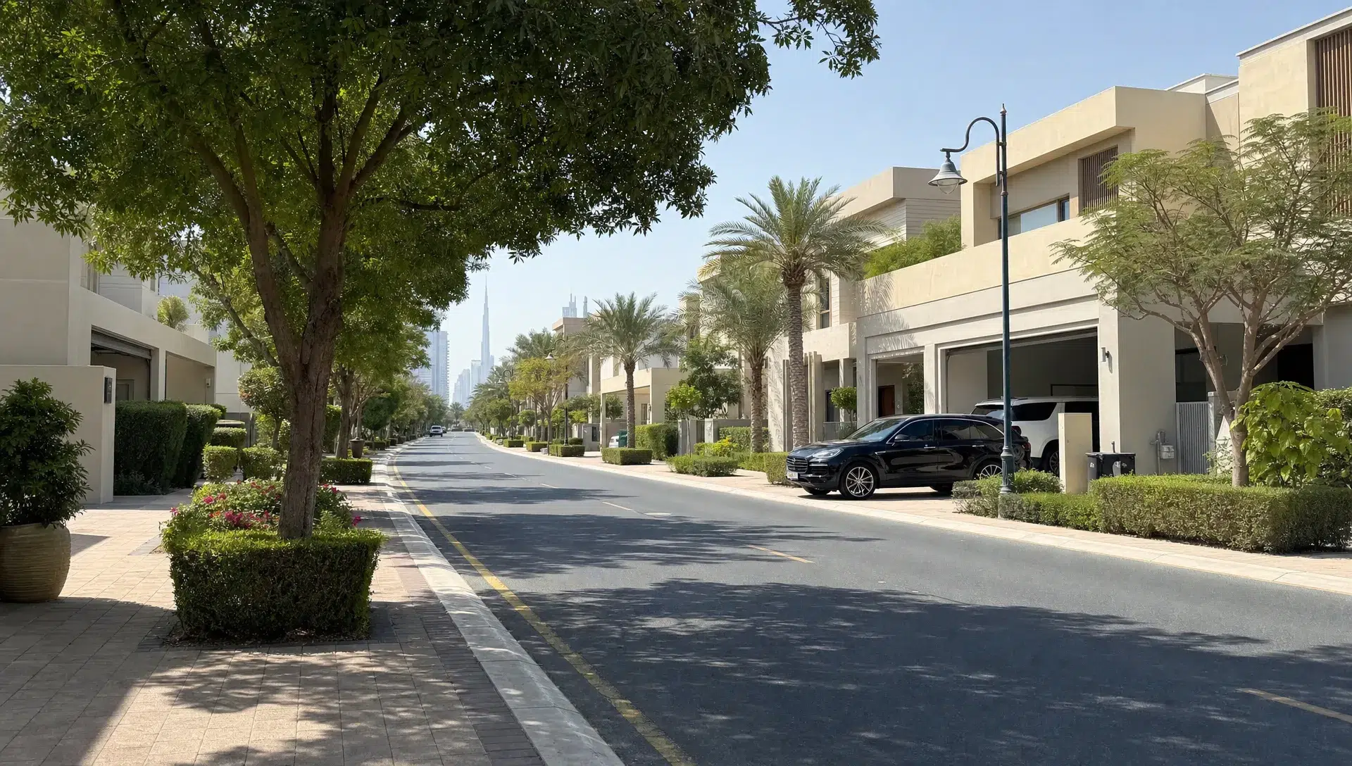 A quiet Dubai villa street with modern homes, landscaped gardens, shaded sidewalks, and parked cars in a mature family-friendly community.