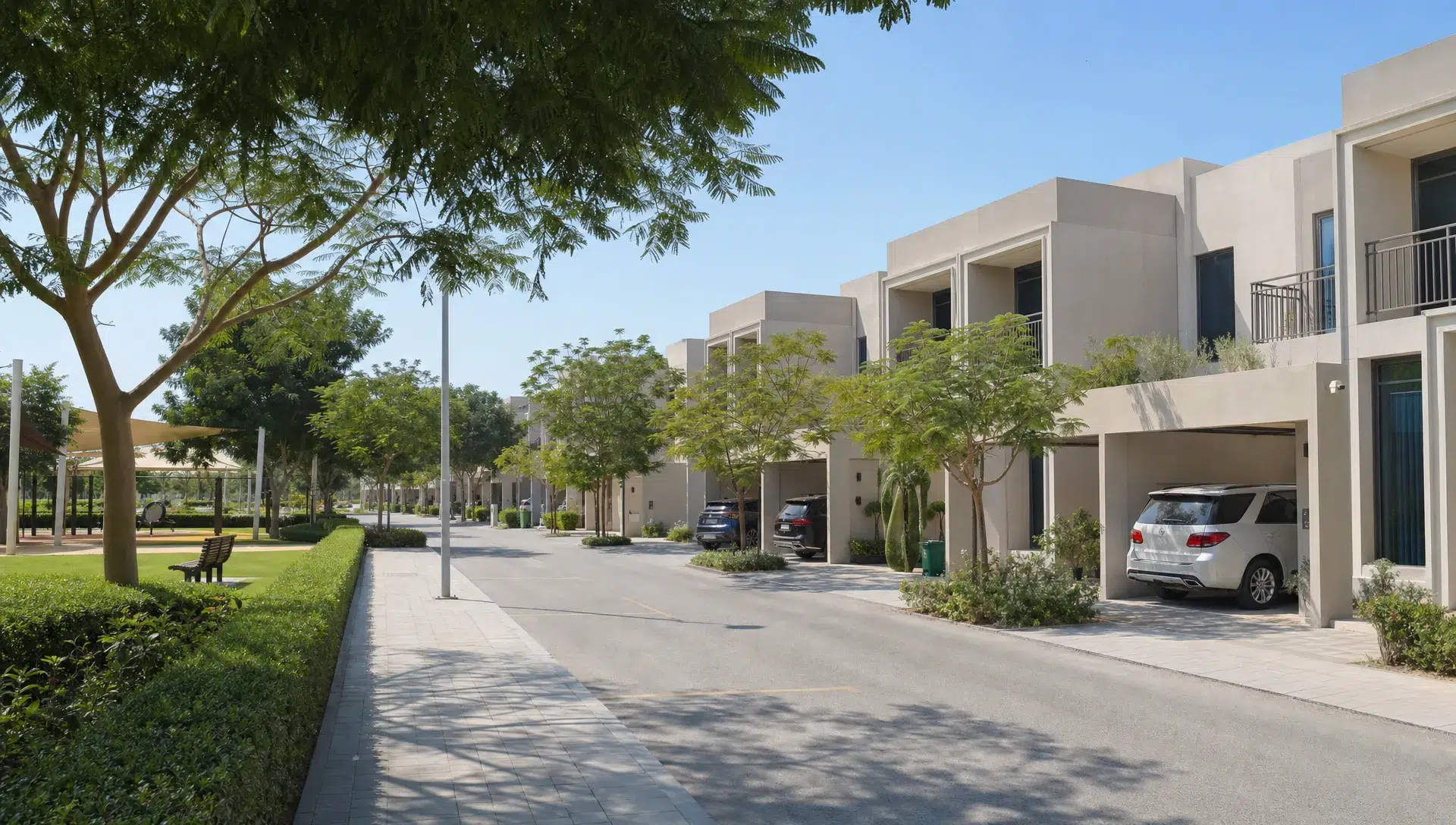 A quiet residential street in Mudon Dubai with modern townhouses, small front gardens, shaded sidewalks and a green park nearby.