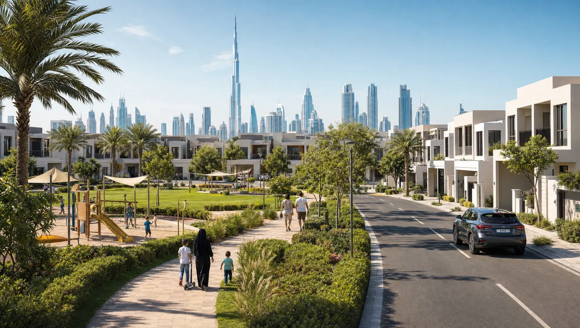 A sunny Dubai family community with modern villas and townhouses, landscaped streets, palm trees, a neighborhood park, and the city skyline visible in the distance.