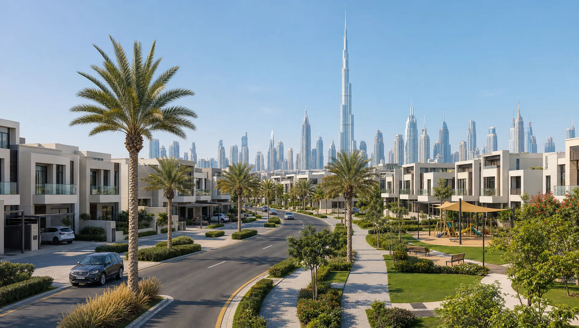 A sunny Dubai villa community with modern homes, townhouses, palm-lined streets, landscaped parks, and the city skyline visible in the distance.