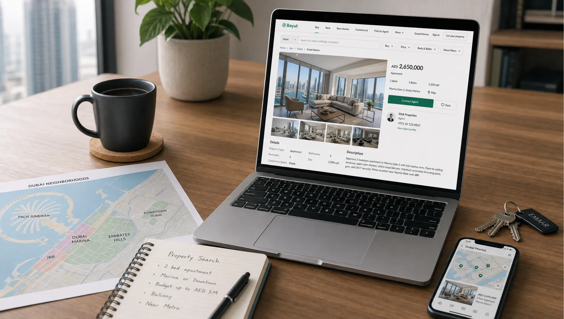 A tidy real estate search workspace with a Dubai neighborhood map, property notes, a phone, keys and a laptop showing a home listing page on the screen.