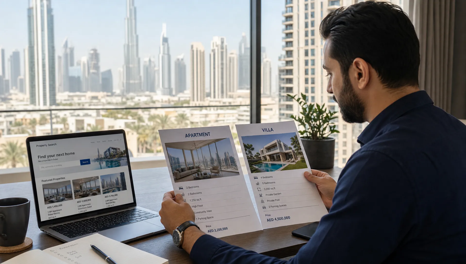 A UAE property buyer comparing apartment and villa details on printed listing sheets beside a laptop, with a Dubai skyline and residential towers visible through a window.