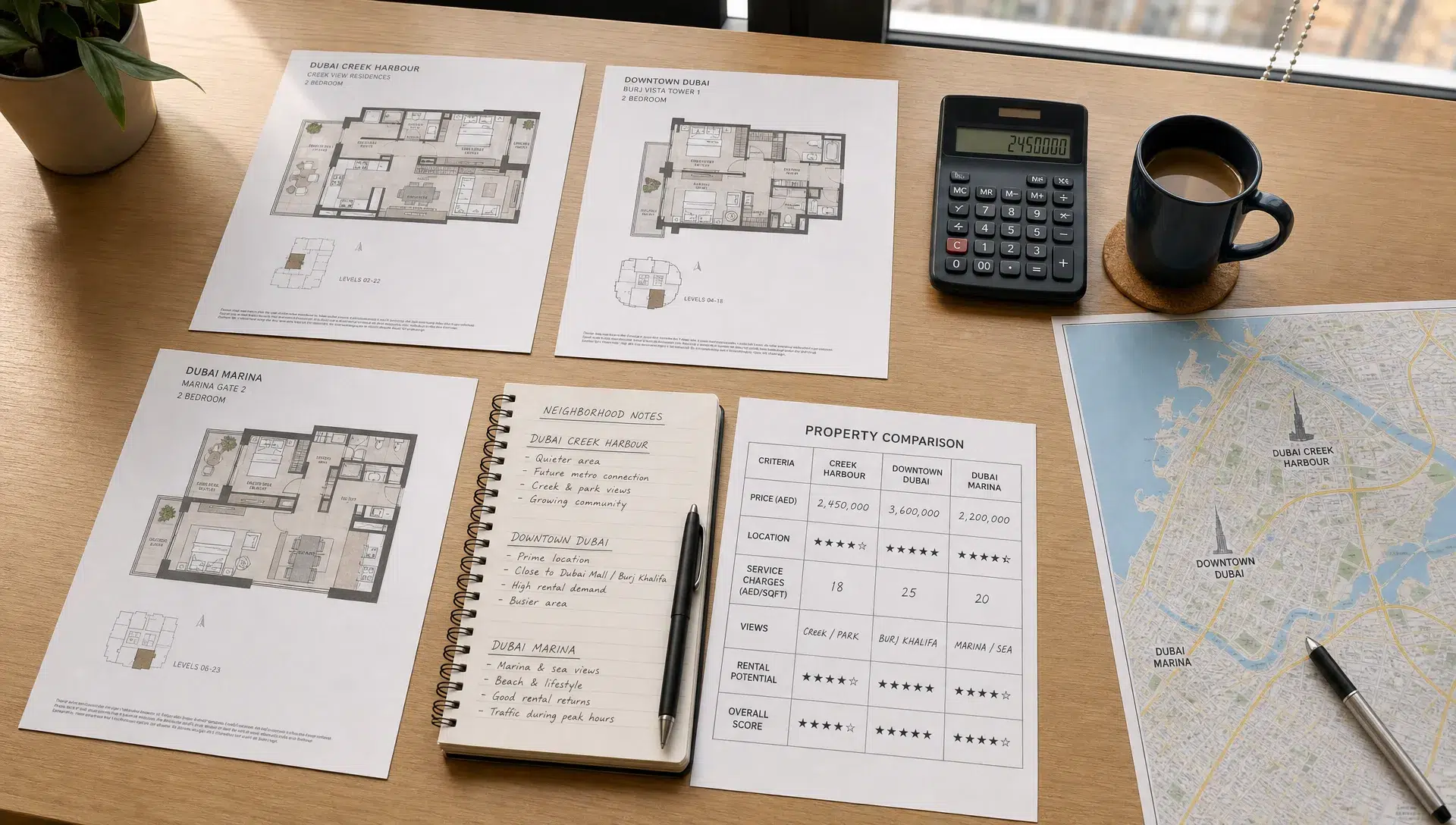 A UAE property buyer's comparison workspace with printed apartment floor plans, a calculator, neighborhood notes, and a checklist comparing price, location, service charges, and views, arranged on a table with a city map visible beside them.