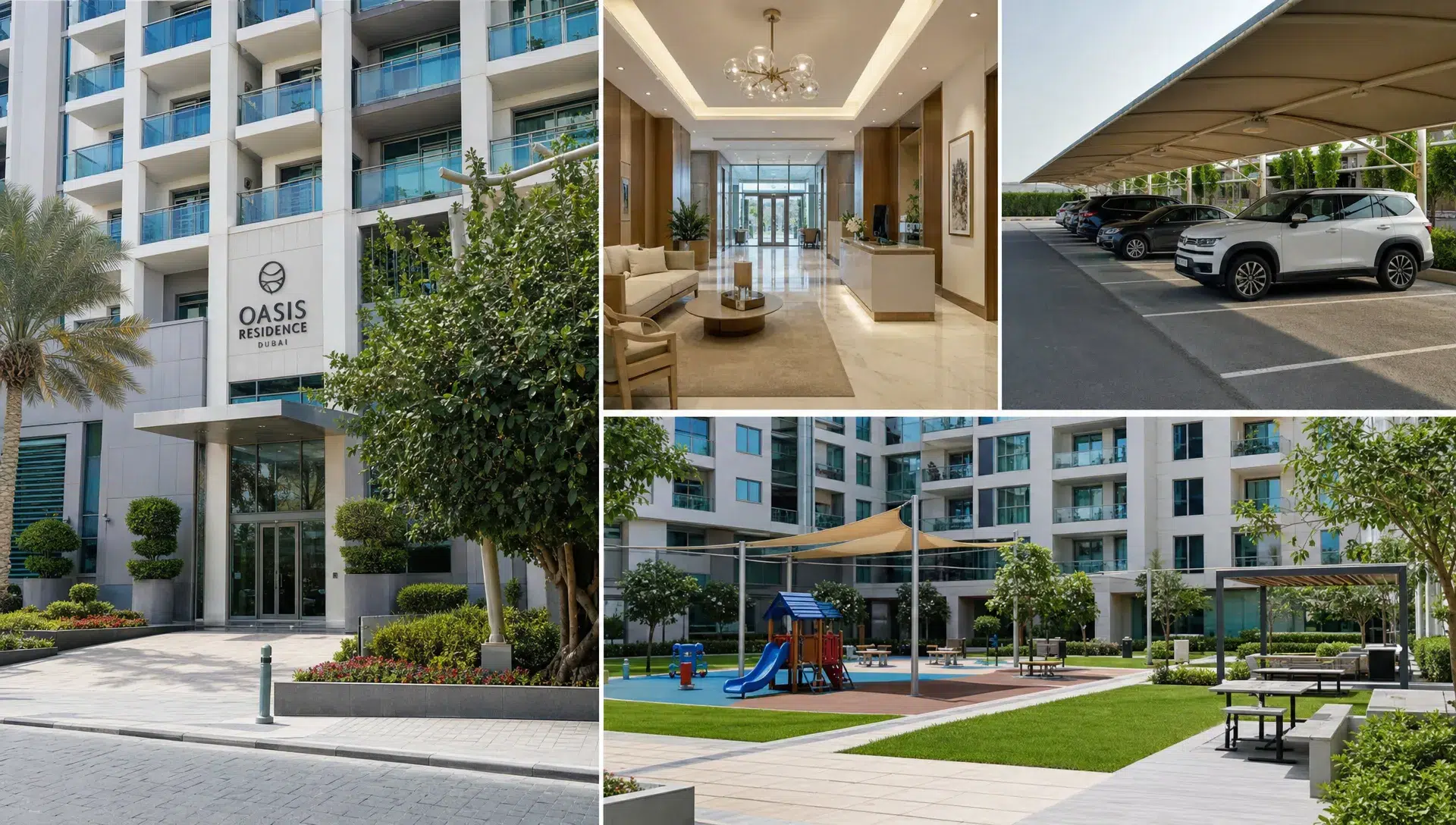 A well-maintained Dubai apartment building with a clean lobby, landscaped entrance, shaded parking, and common areas that reflect practical amenities and service charges.