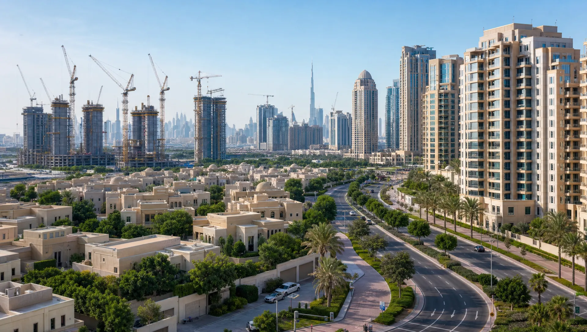 A wide outdoor scene of a Dubai residential district with apartment towers, low-rise villas, landscaped roads, and construction cranes in the distance, showing the contrast between established communities and new property developments.