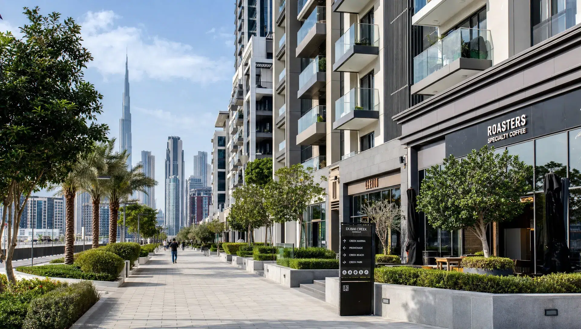 Modern Dubai apartment towers with balconies viewed from a street-level walkway, with landscaped paths, nearby retail fronts, and a skyline in the distance.