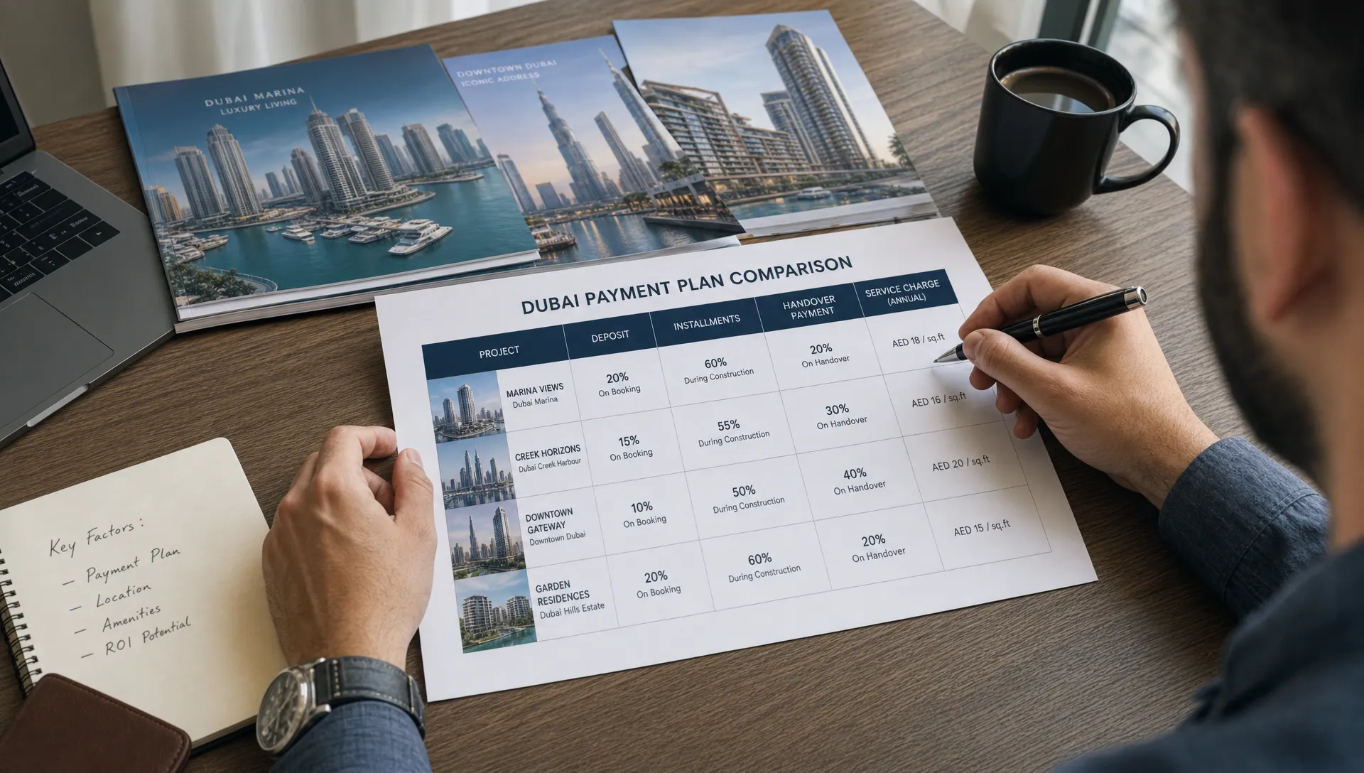 A buyer compares Dubai payment plan properties on a checklist beside brochures, with deposit, installments, handover payment, and service charge columns.
