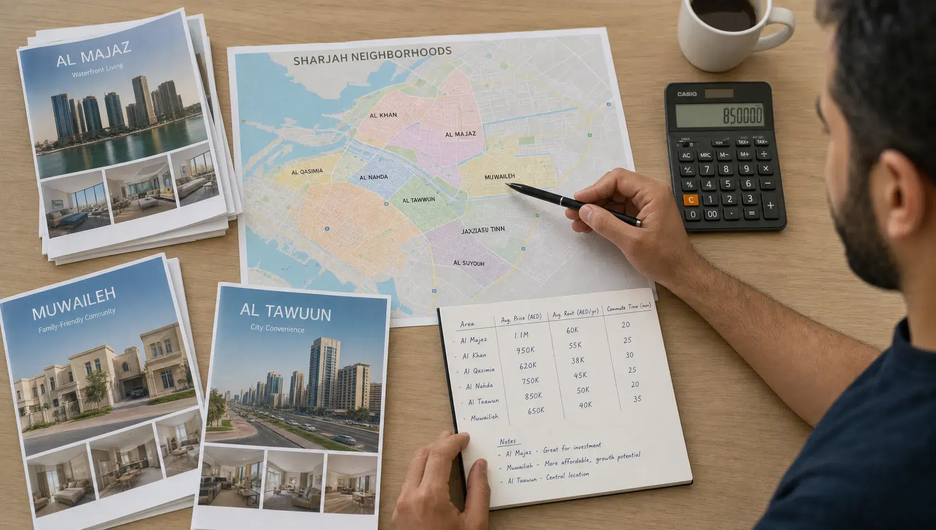 A buyer reviews Sharjah neighborhoods on a map with property brochures, a calculator, and notes on price, rent, and commute time.