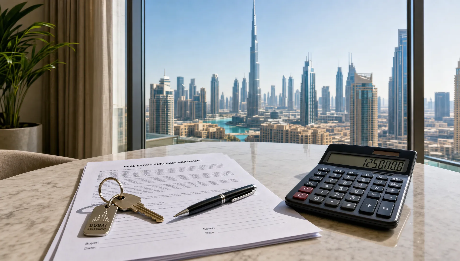A Dubai apartment key, contract papers and a calculator sit beside each other as a skyline appears through the window.