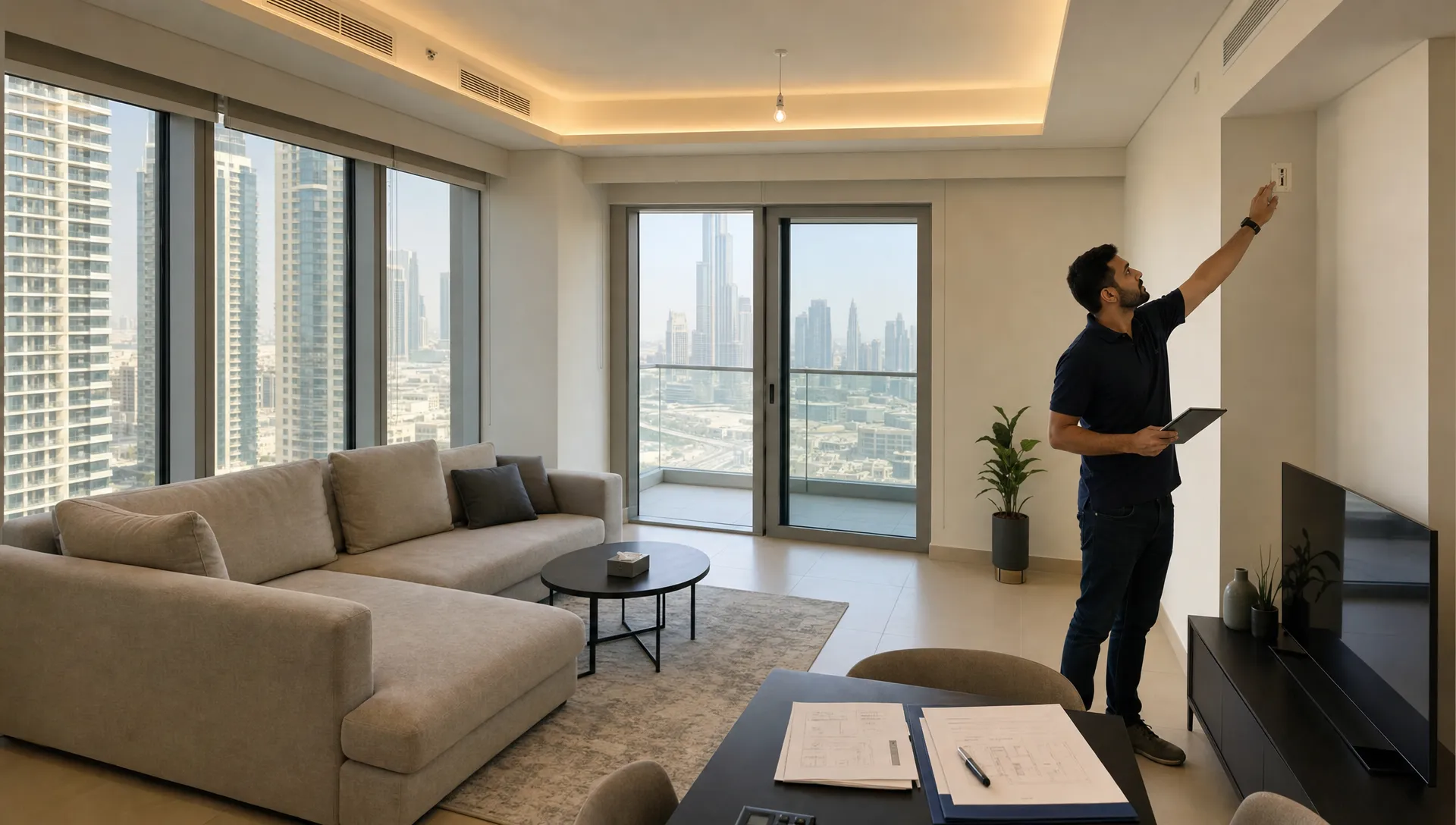 A Dubai apartment living room inspection shows windows, balcony views, AC vents, and a person checking fixtures beside documents on a table.