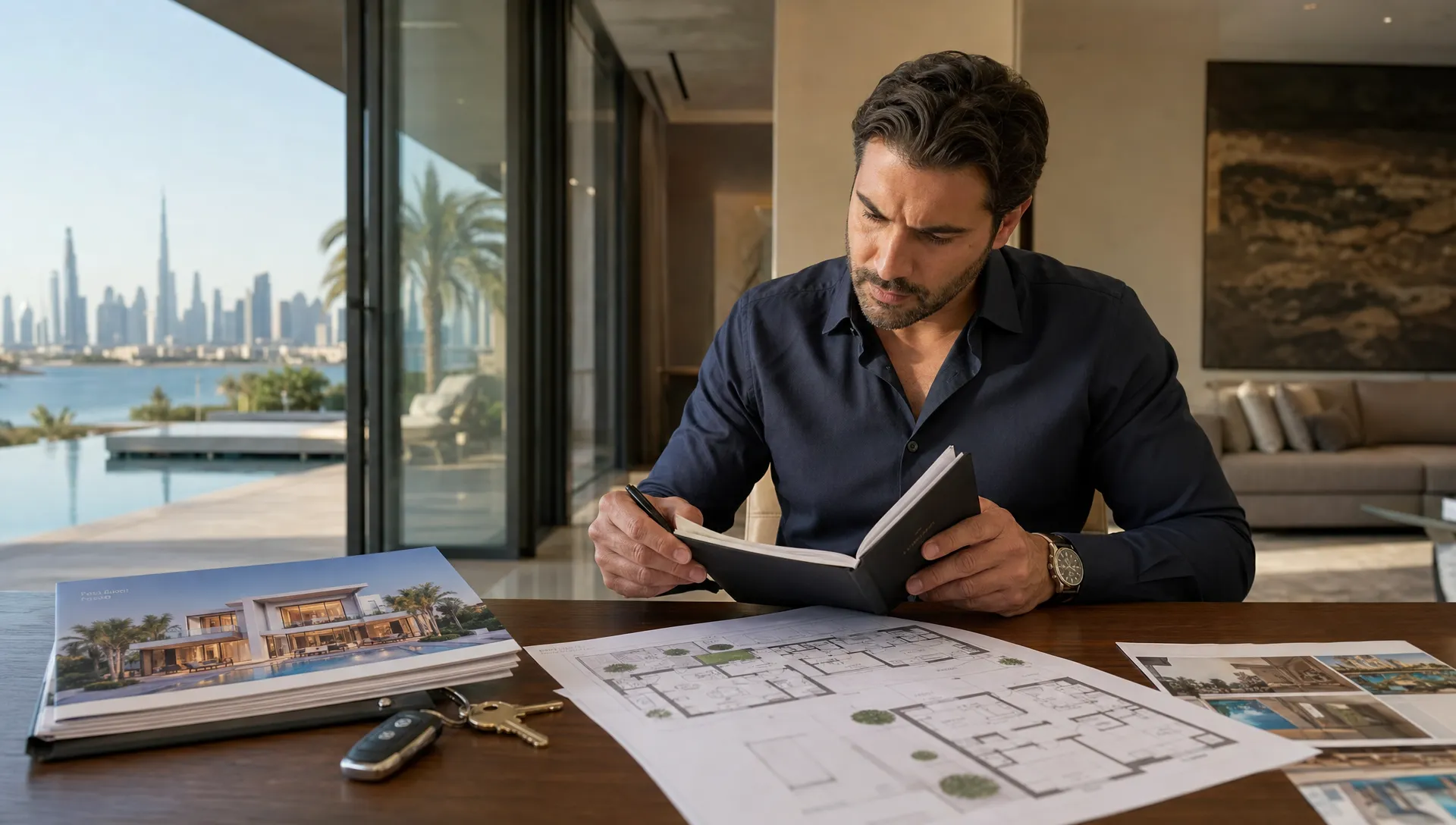 A Dubai buyer reviews notes, villa keys, and floor plans after viewing off-market properties for sale.
