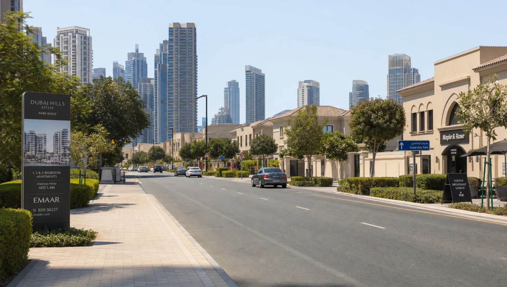 A Dubai neighborhood street with apartment towers, villas, storefronts and property signs shows the kinds of areas buyers compare before speaking with agents.