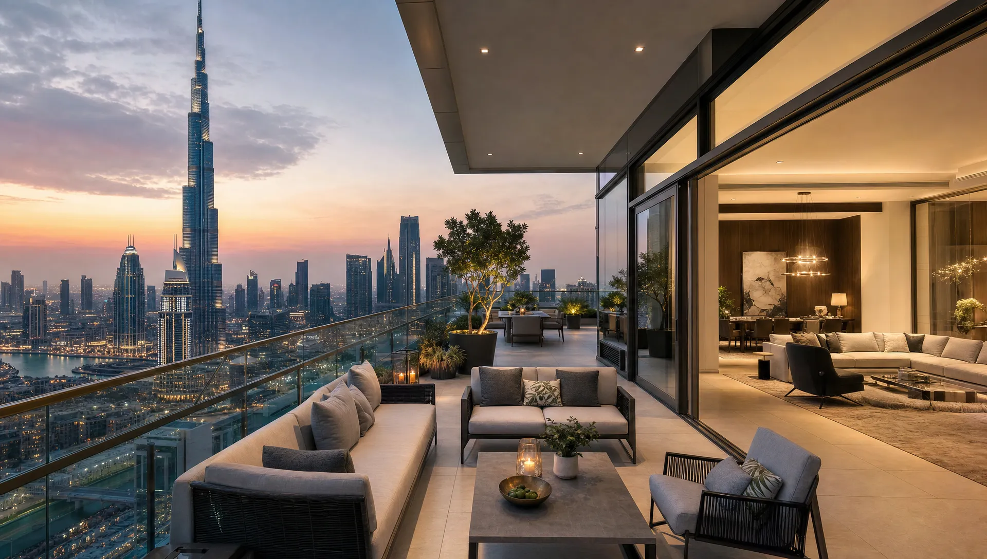 A Dubai penthouse terrace with outdoor seating, glass railings, and a living room opening onto the view.