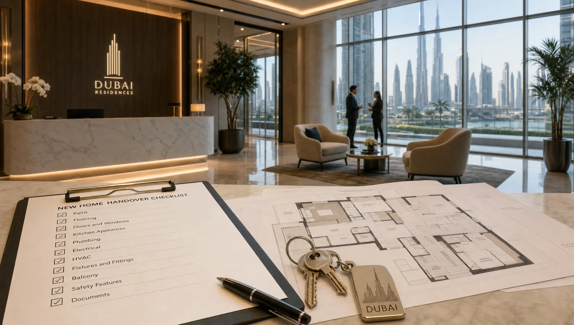 A Dubai residential tower lobby with a checklist, keys, floor plans, and skyline views through the windows.