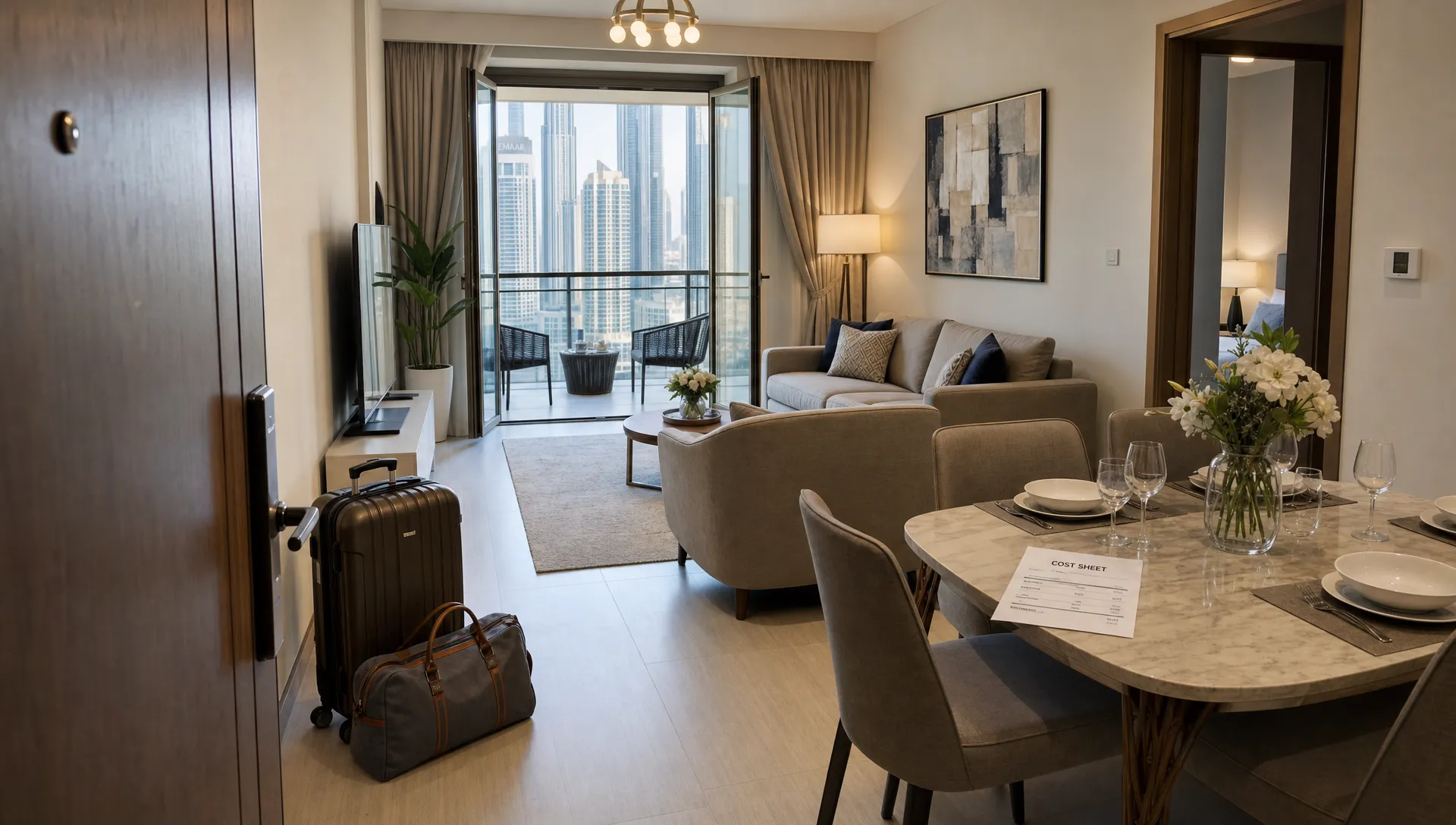 A furnished Dubai apartment prepared for guests, with balcony doors open, luggage near the entrance and a cost sheet on the dining table.