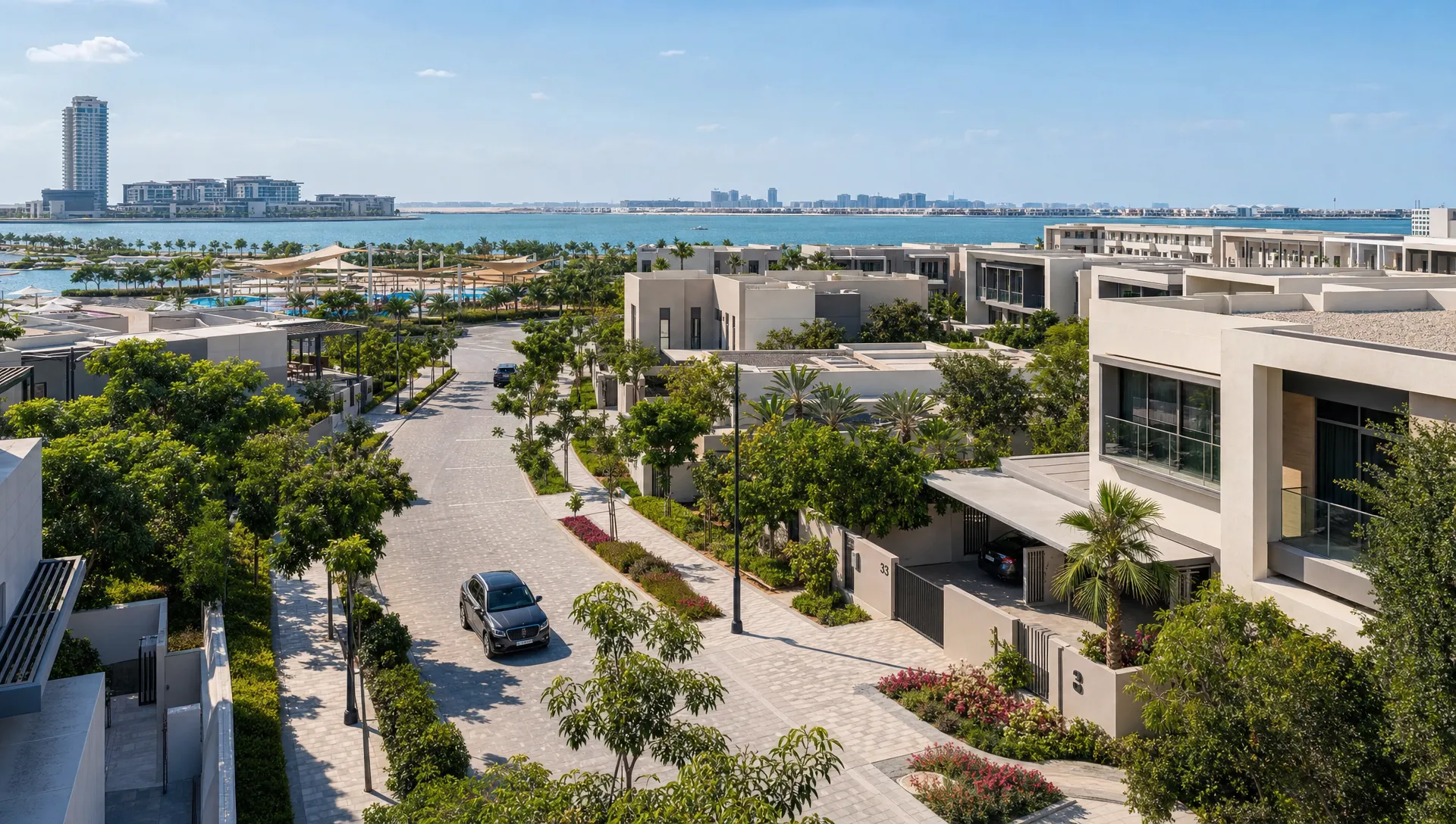 A modern Abu Dhabi villa community with landscaped streets, waterfront amenities, and varied townhouse and villa plots.
