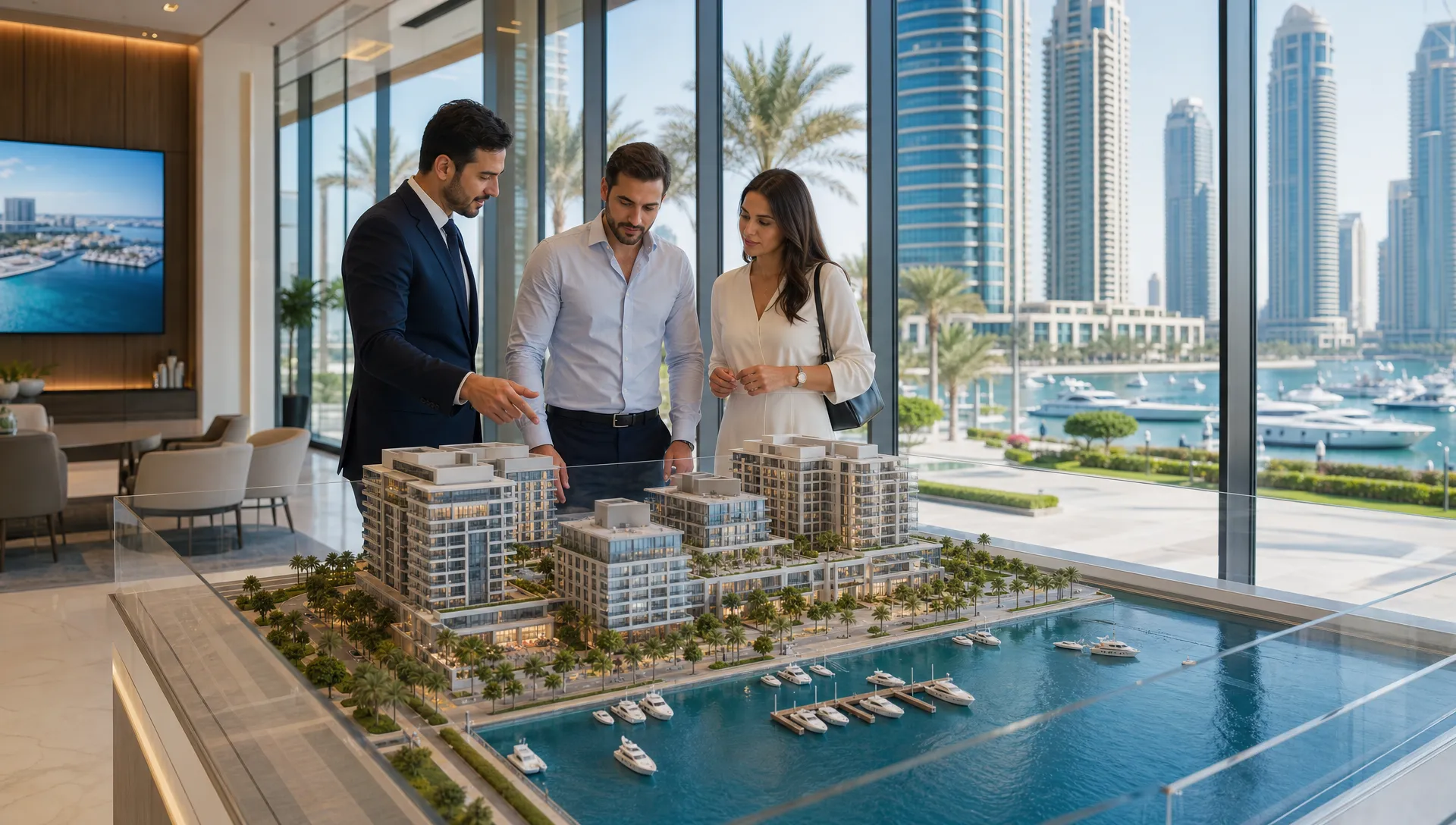 A modern Abu Dhabi waterfront district with residential towers, landscaped walkways, marina views and off-plan project models on a table.