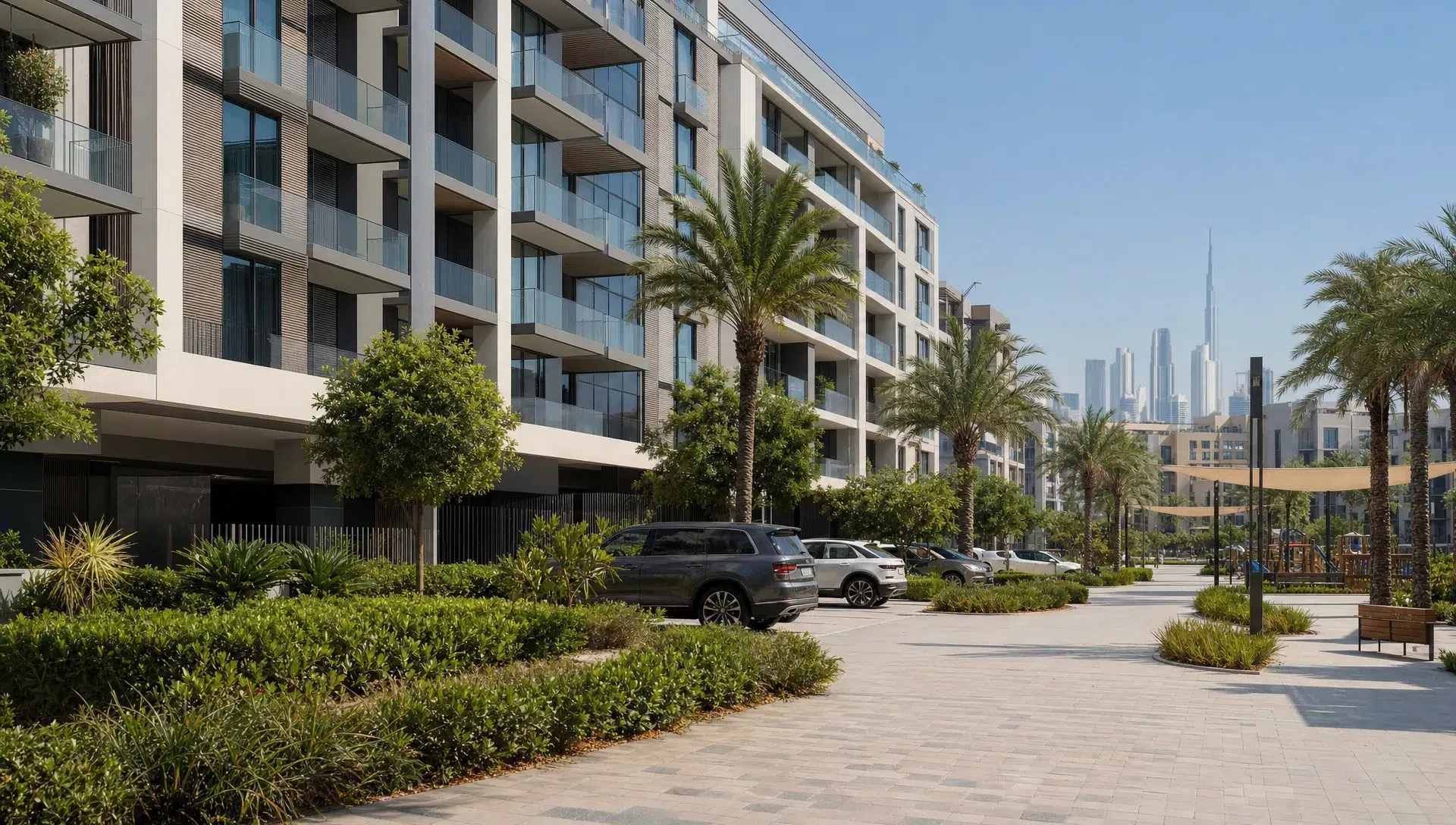A modern UAE residential building with landscaped walkways, parking, and nearby amenities shows the environment investors assess before buying.