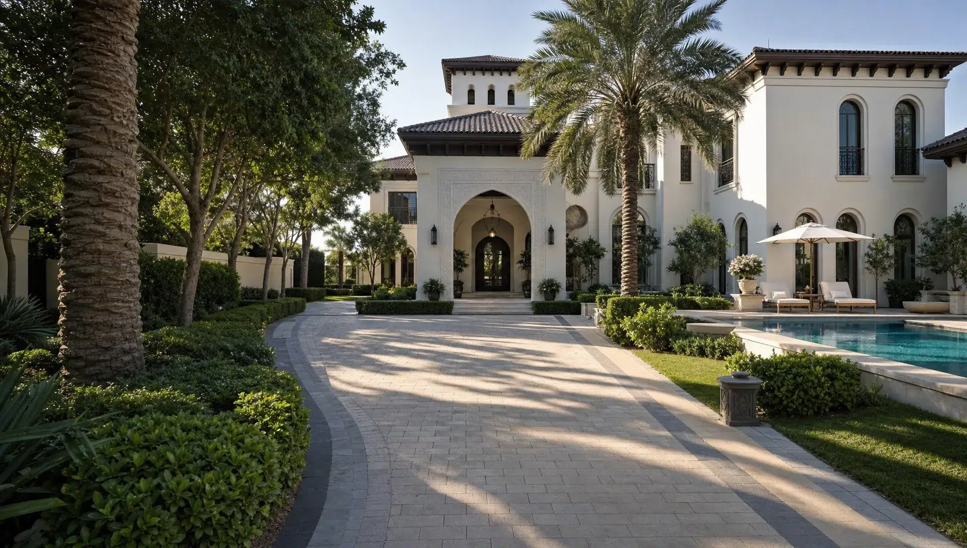 A private landscaped driveway leads to a luxury Dubai mansion with a shaded entrance, pool terrace, and mature trees.
