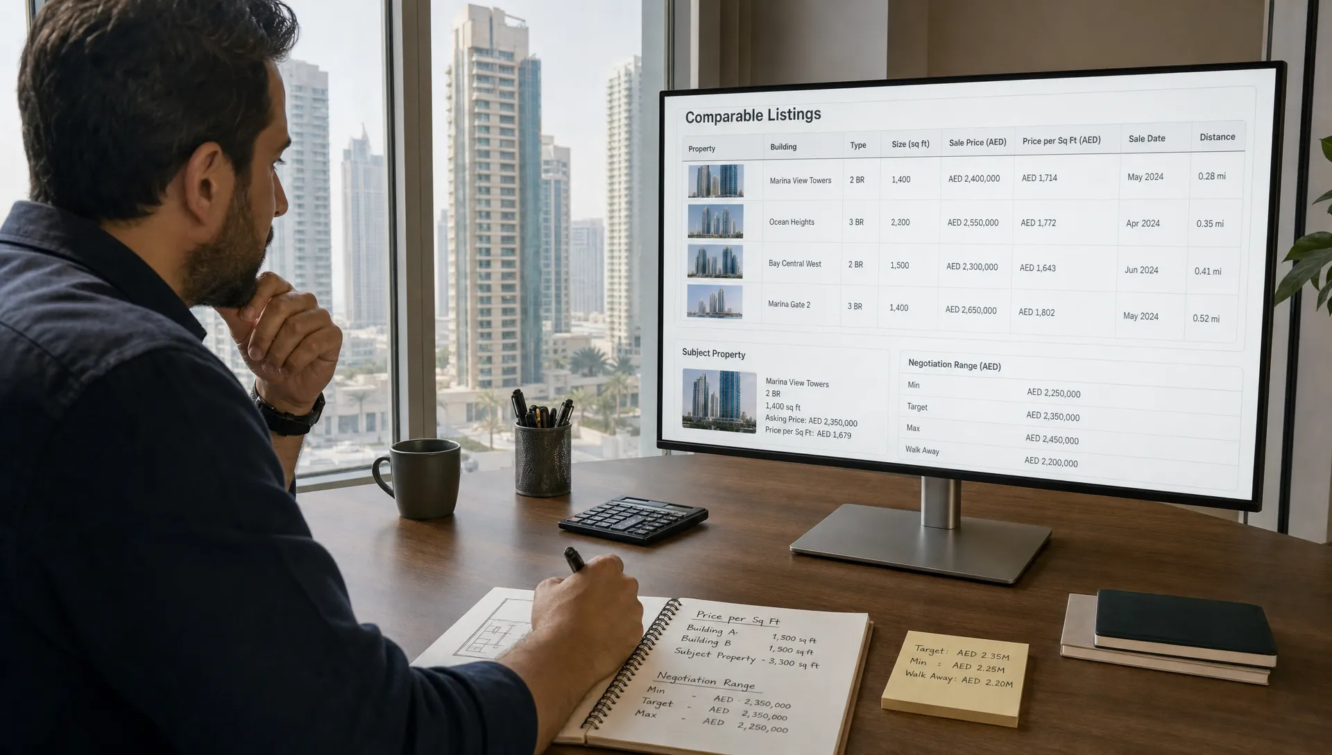 A seller reviews comparable listings, price per square foot notes, and negotiation ranges for a Dubai property with residential towers outside the window.