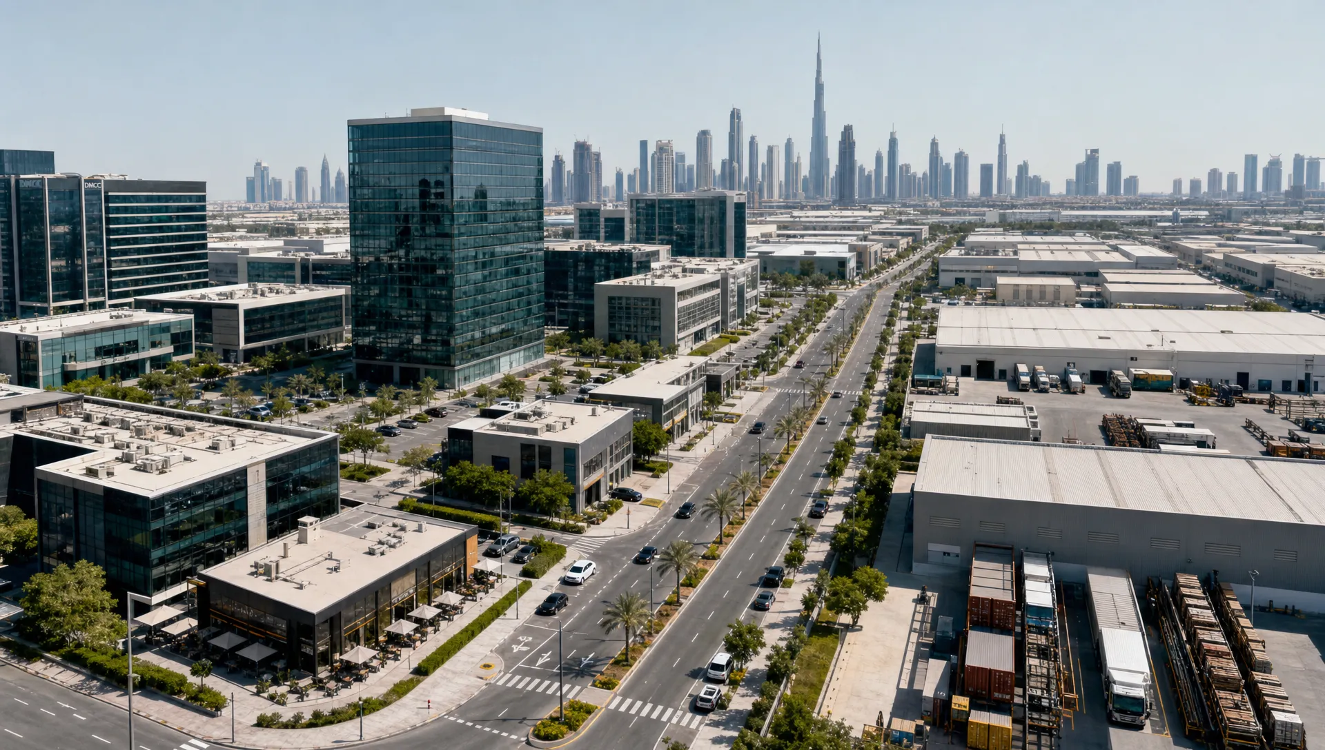 A UAE commercial district shows office towers, retail units, warehouses, and access roads for comparison.