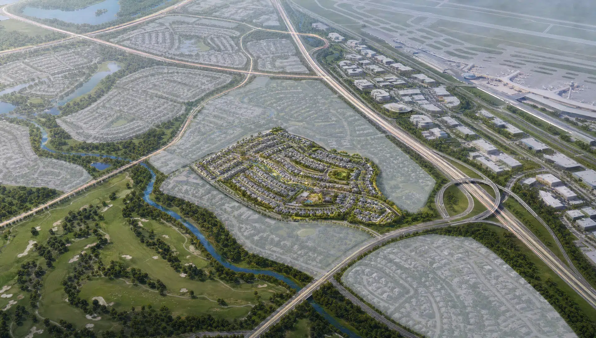 Abstract community shapes and road lines suggest growth and connectivity in Emaar South.
