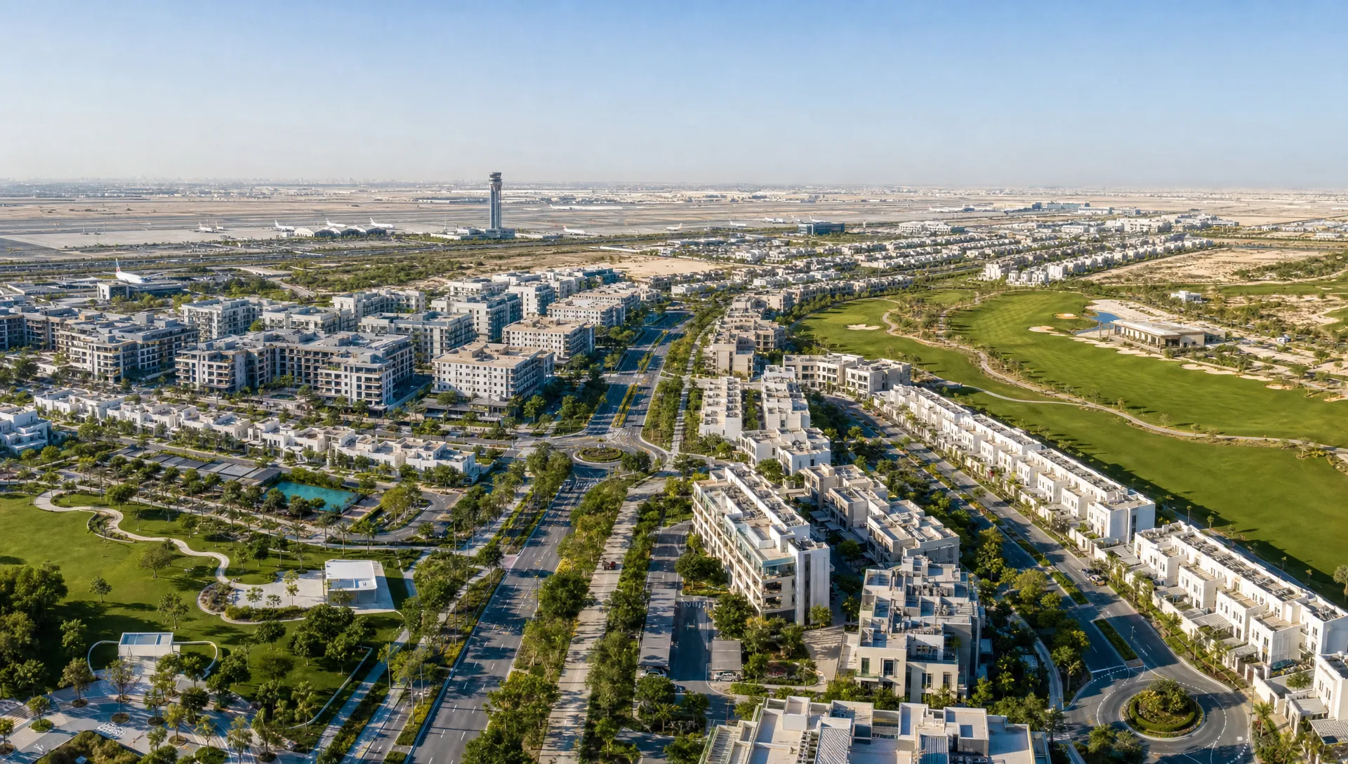 Aerial view of Emaar South with low-rise apartments, townhouses, landscaped roads, green open spaces, a golf course, and airport infrastructure on the horizon.
