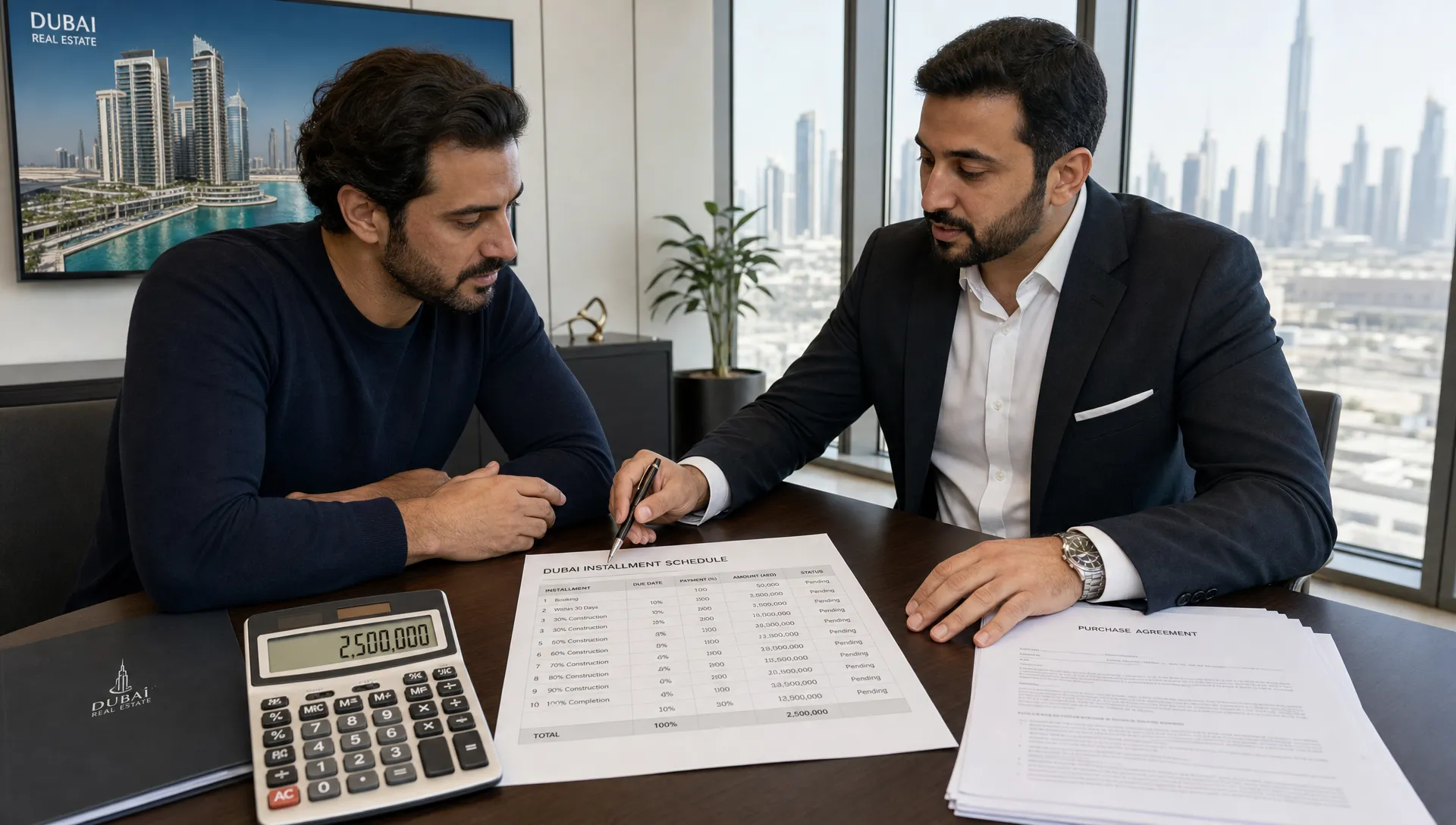 An adult buyer and agent review a Dubai installment schedule, calculator, and contract pages on a meeting table.
