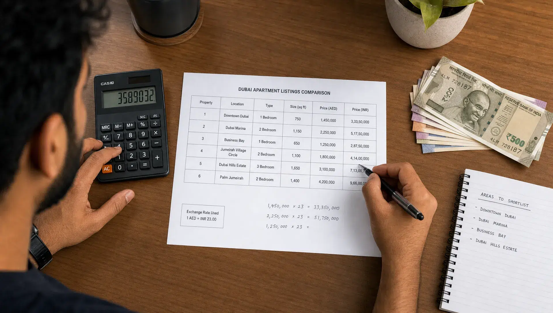 An Indian buyer compares AED and INR amounts for Dubai apartment listings on a worksheet with a calculator, currency notes, and area notes.
