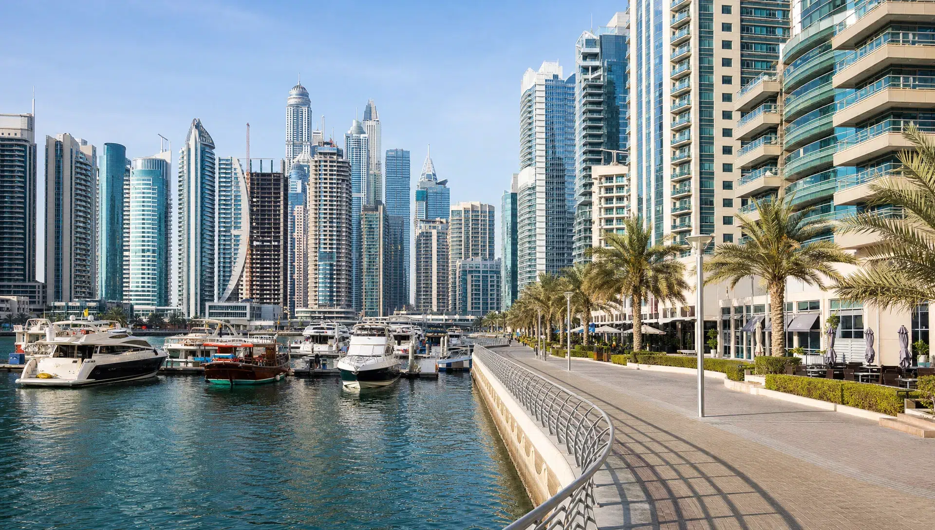 Dubai Marina towers, boats, and the promenade show the waterfront setting buyers evaluate before purchasing an apartment.